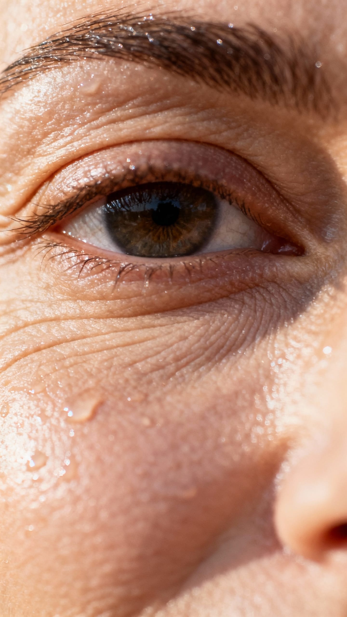 Extreme closeup female outer eye with fine crow’s feet, dewy skin