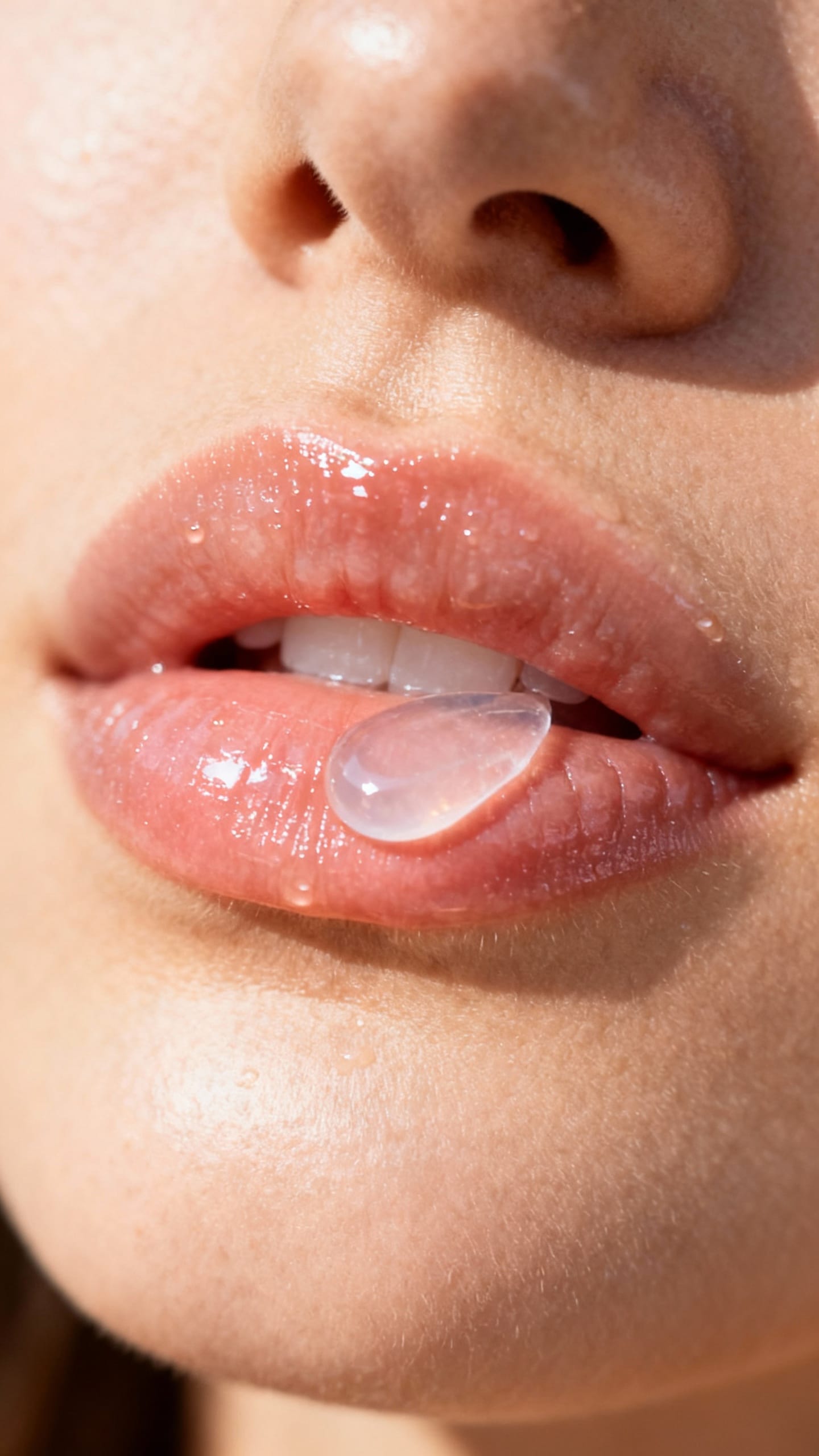 Extreme closeup female upper lip applying clear SPF balm, dewy texture
