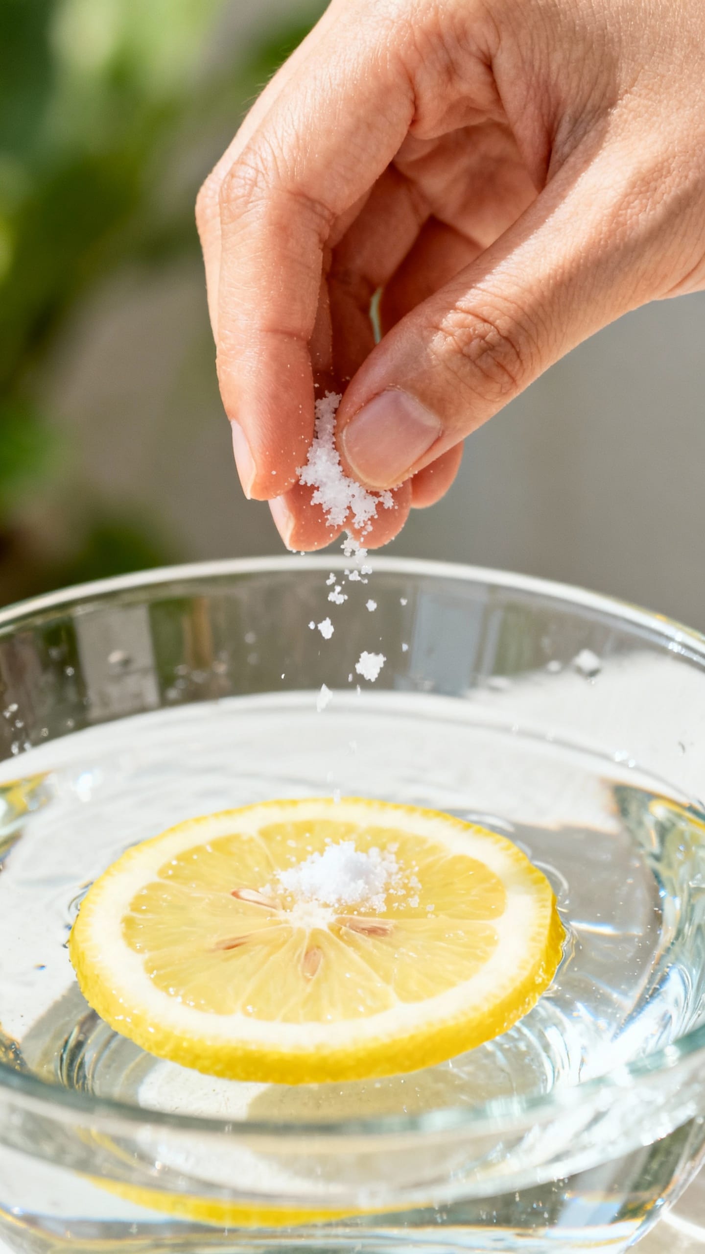Female hand mixing water, lemon slice, pinch of salt