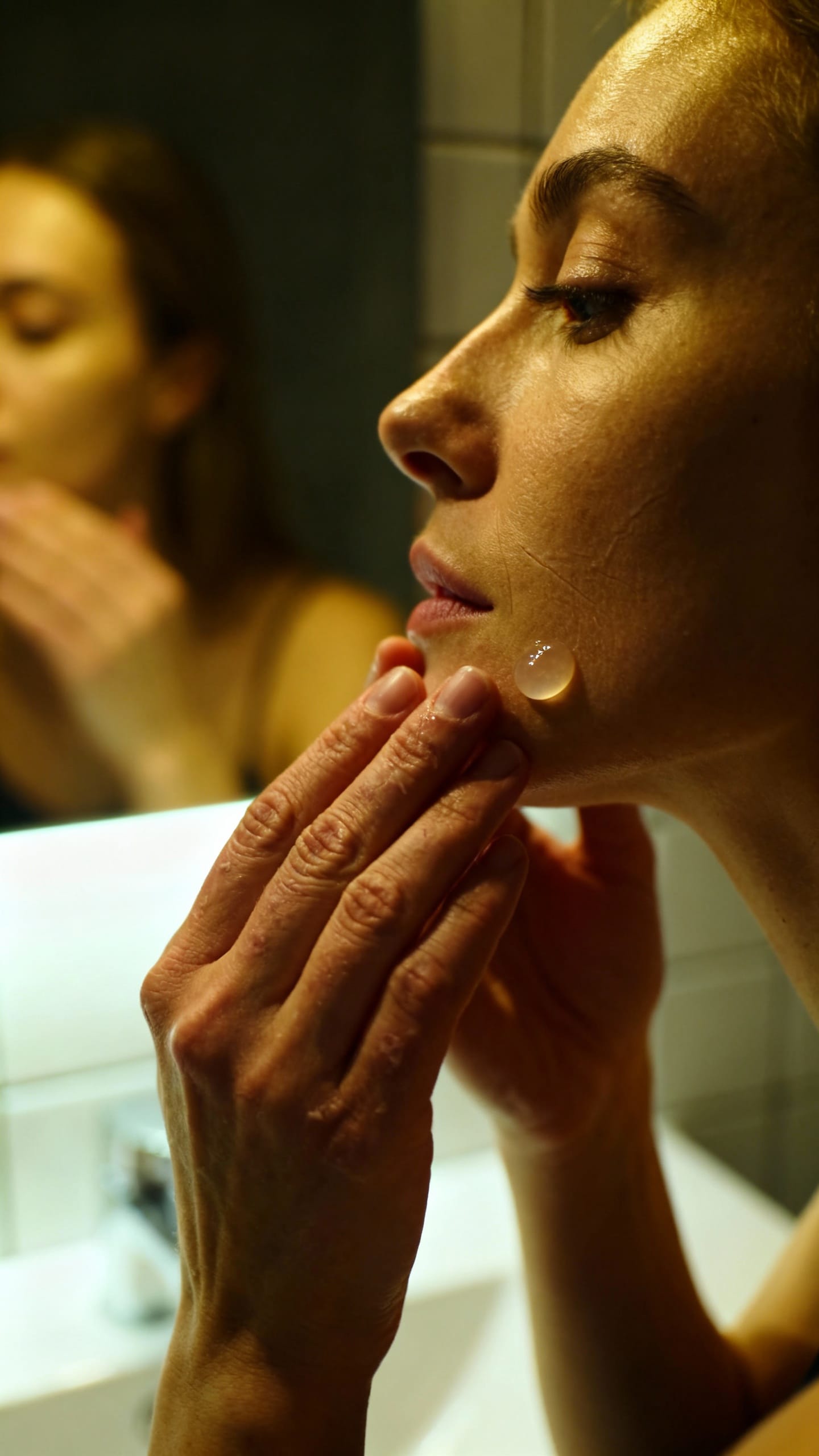 Female hands applying pea-size retinoid to dry cheek, nighttime bathroom lighting