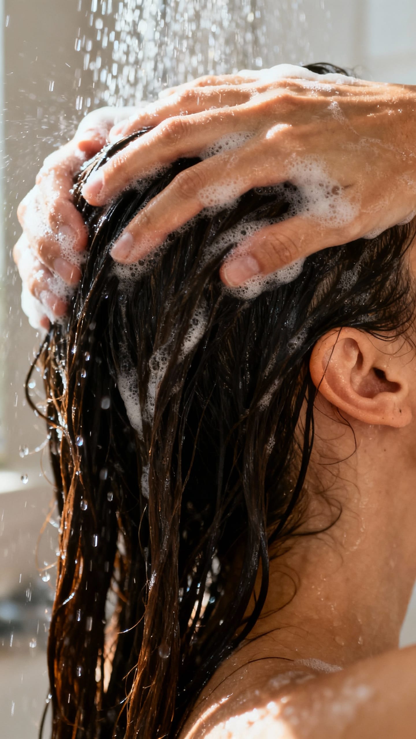 Female hands massaging scalp under lukewarm shower, suds on roots