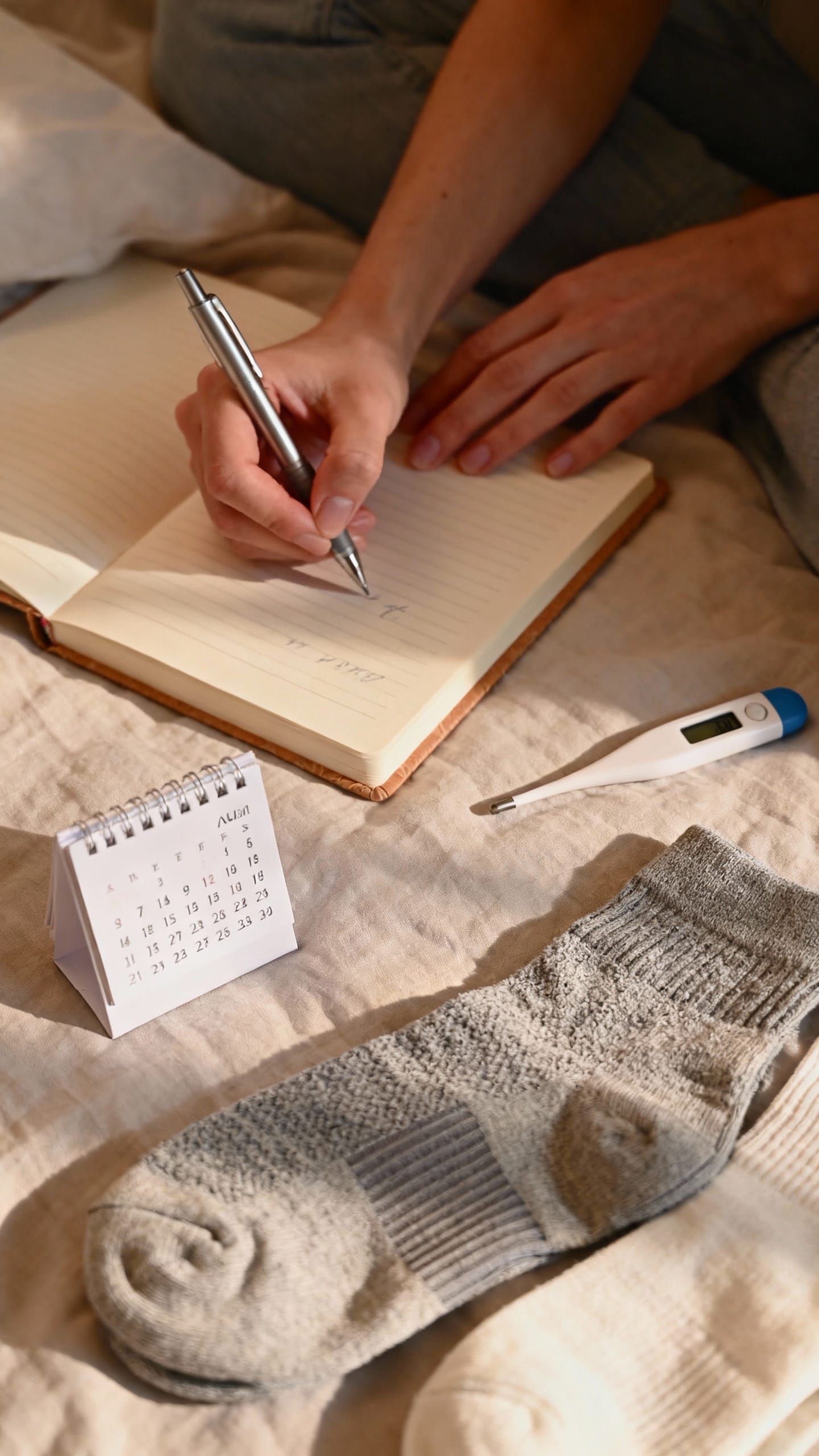 Female hands writing symptom log in notebook; dates, thermometer, compression socks nearby on bed