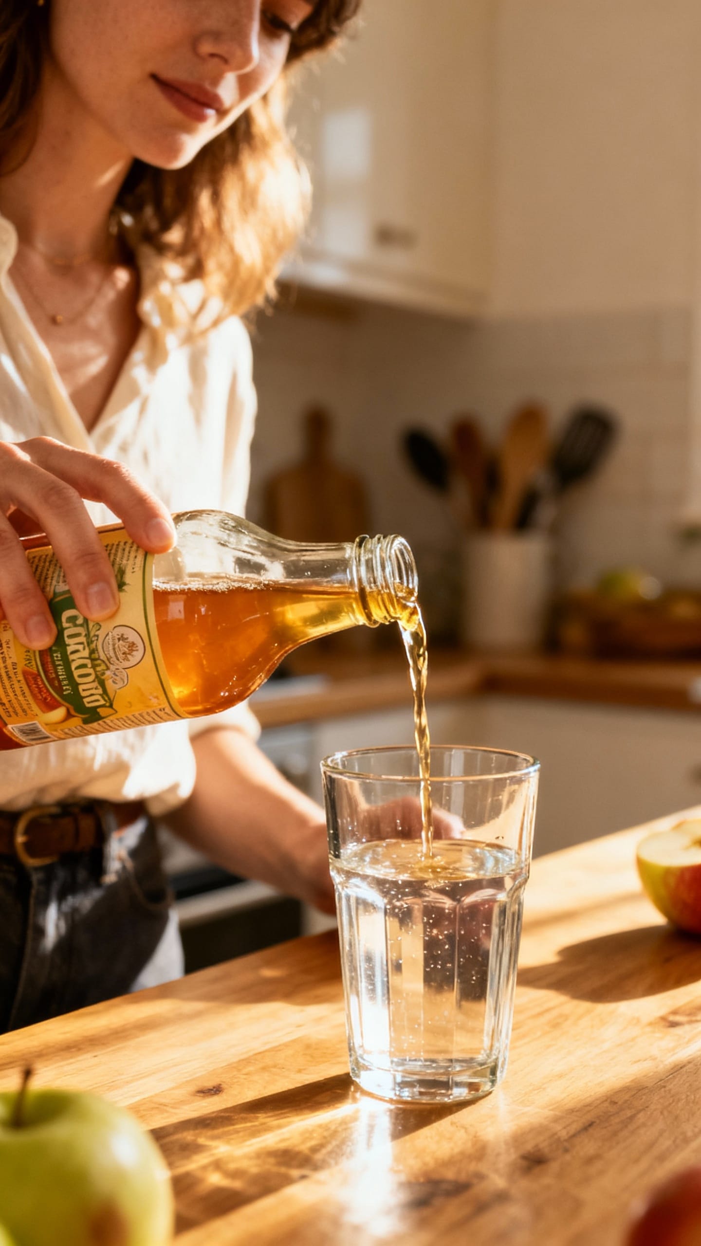 Female pouring apple cider vinegar into water glass before meal