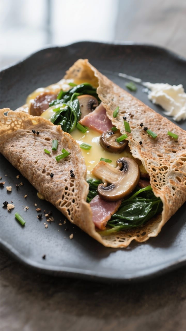 Final dish presentation: Beautifully plated savory buckwheat-style crepe folded in quarters, filled 