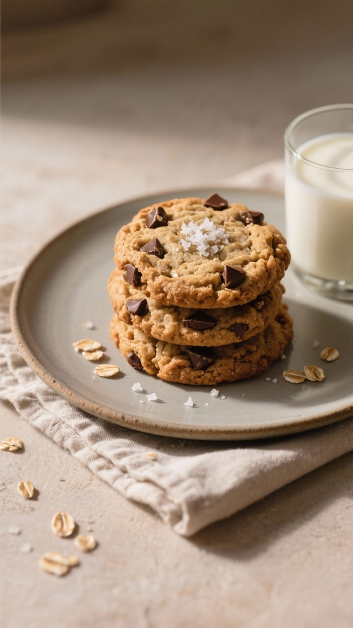 Final dish presentation: Restaurant-quality plate of three oatmeal chocolate chip cookies stacked an