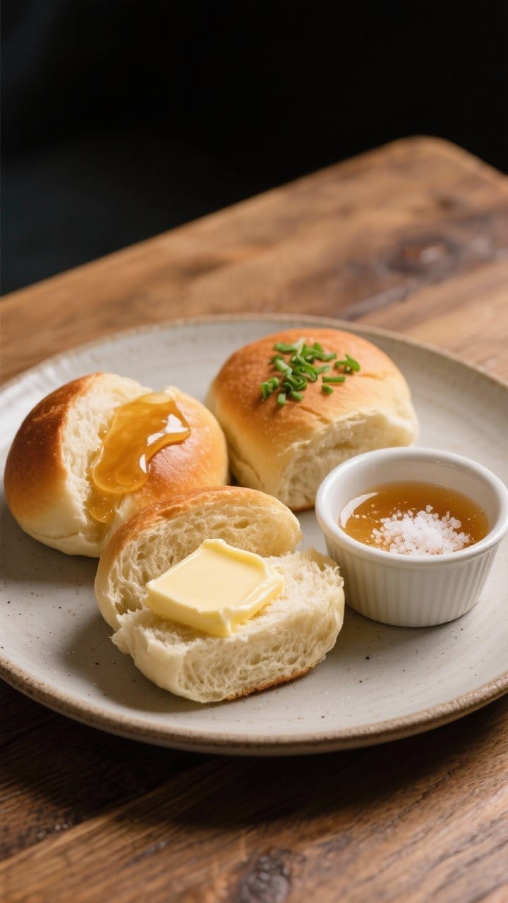 Final dish presentation: Restaurant-quality plate of three dinner rolls split open with a pat of but