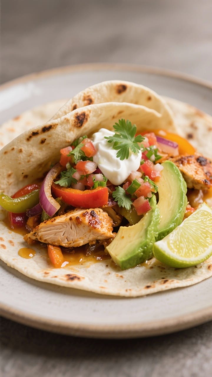 Final dish presentation: Restaurant-quality plated chicken fajitas assembled in soft, lightly charre