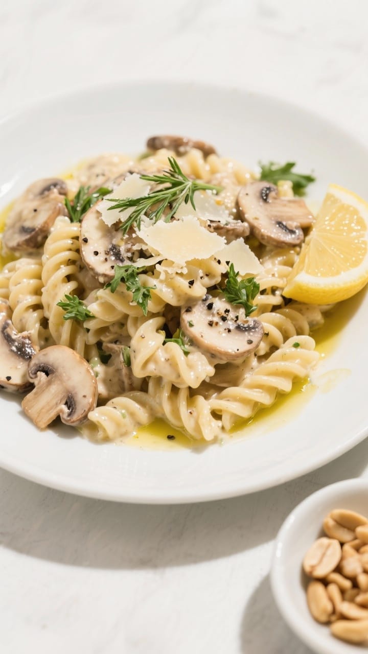 Final dish top view: Beautifully plated creamy mushroom pasta salad on a matte white shallow bowl, o