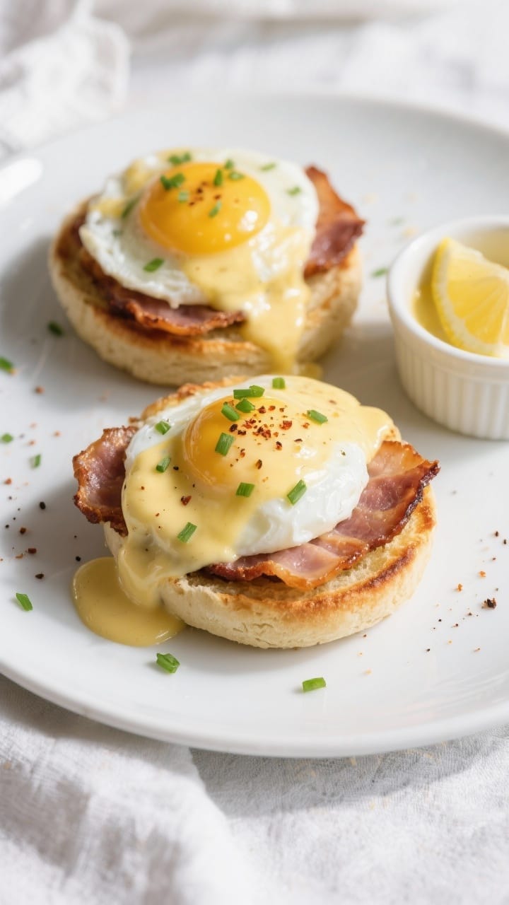 Final dish top view: Overhead shot of two classic Eggs Benedict on a matte white plate—golden toas
