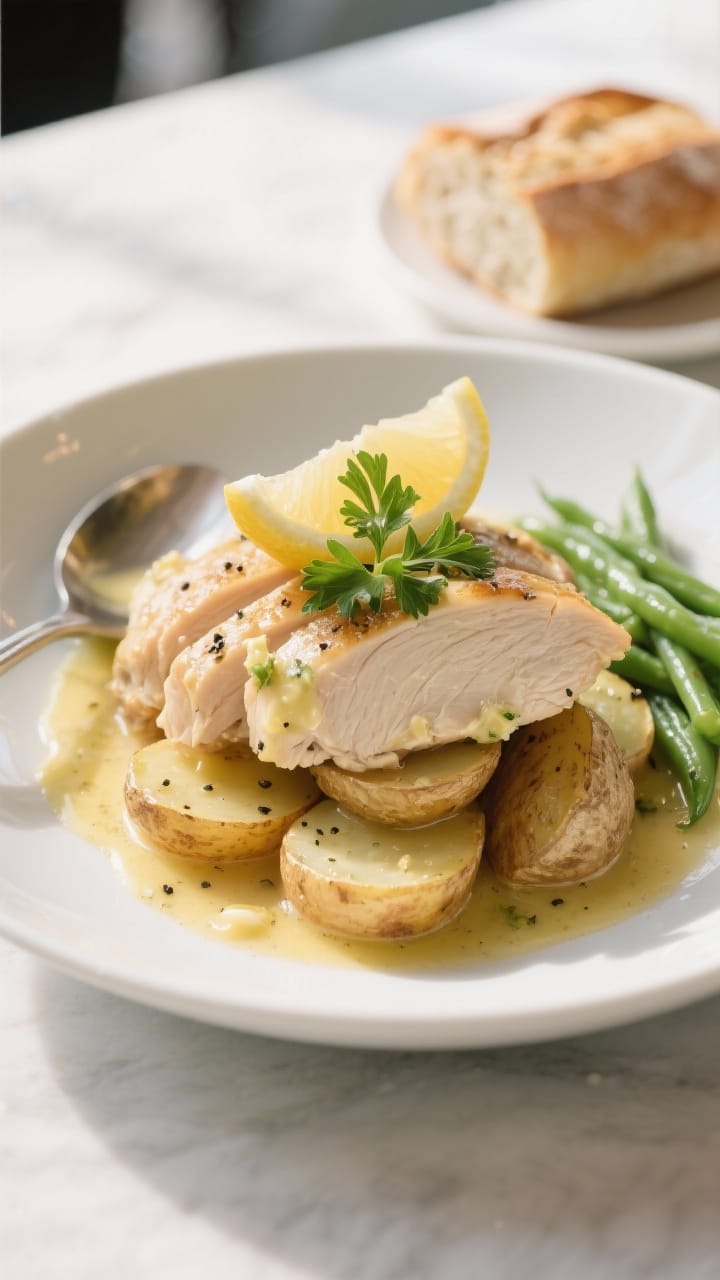 Final plated dish – Restaurant-quality presentation: Beautifully plated serving of garlic butter c