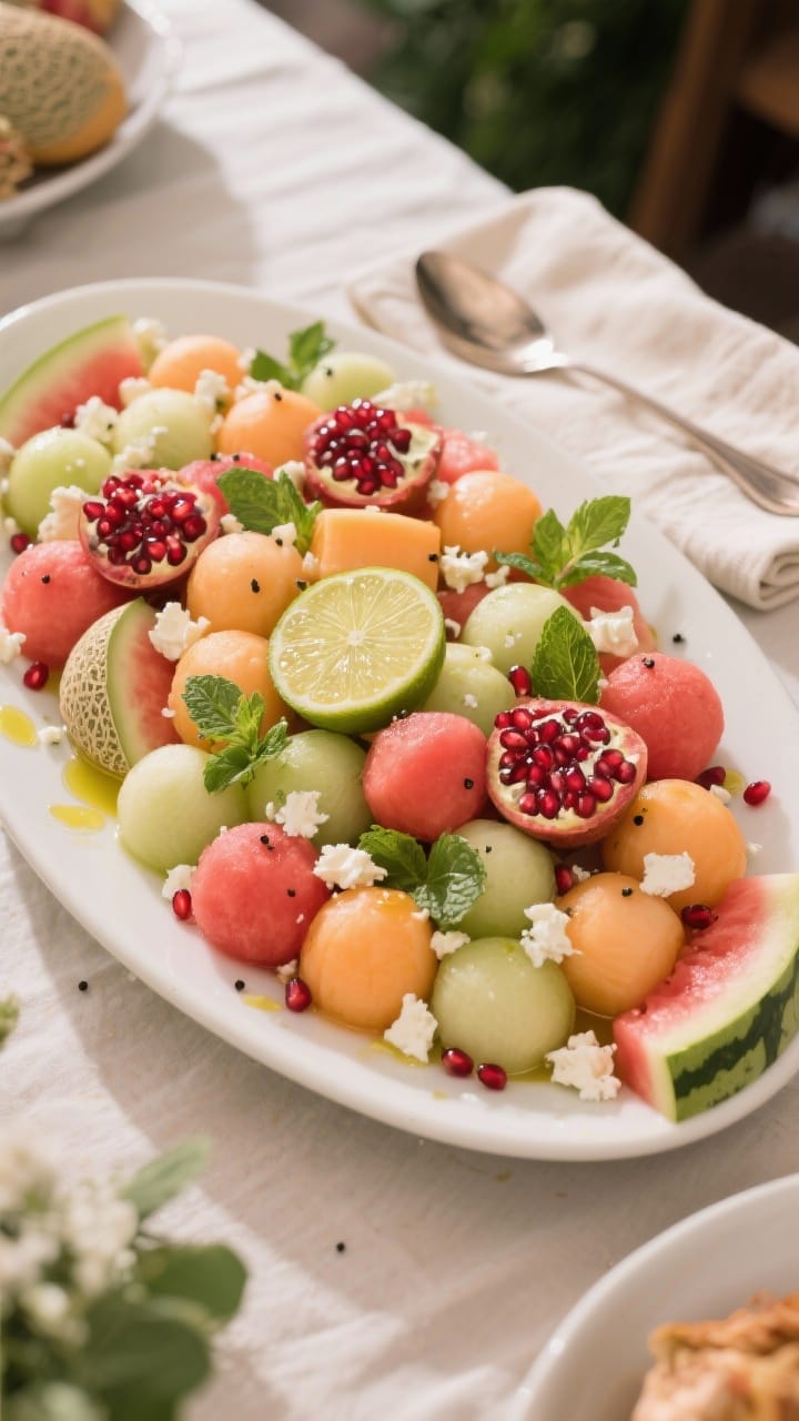 Final plated overhead: A party-ready “Melon Medley” arranged in a shallow, wide platter—juicy