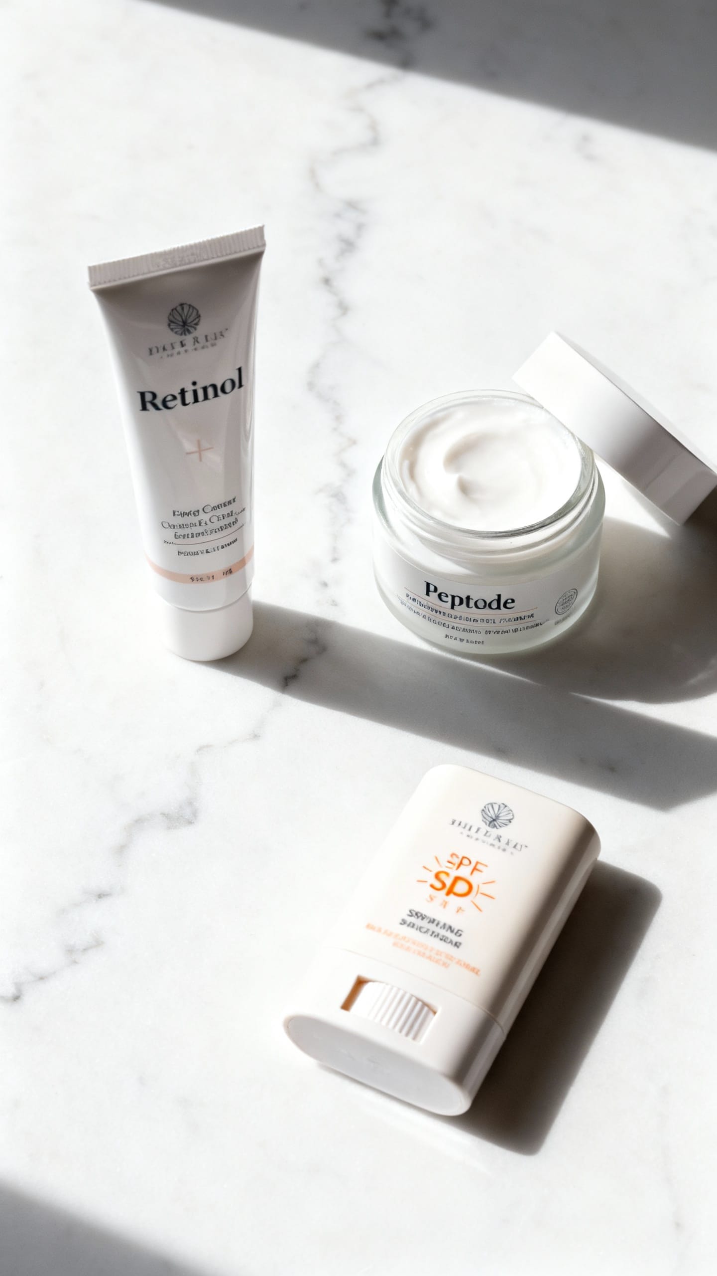Flat lay: retinol tube, peptide cream, SPF stick on white marble
