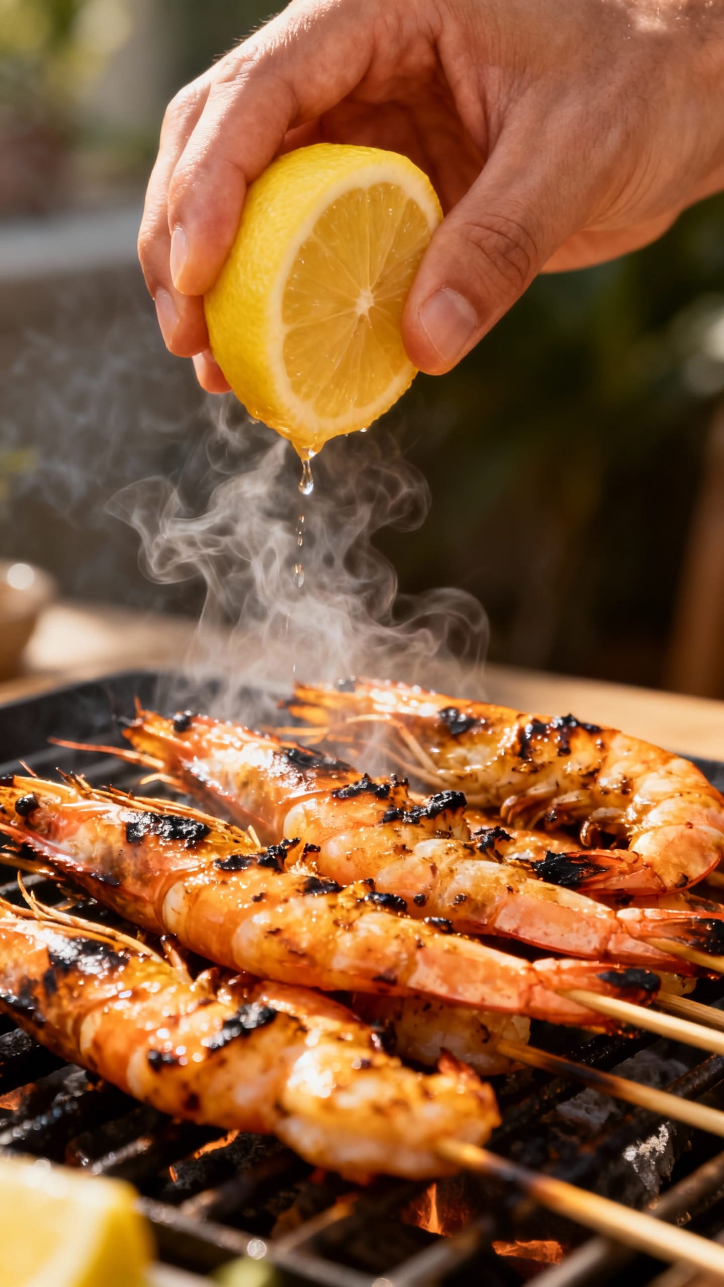 Hand squeezing lemon over grilled shrimp skewers, charred edges, rising steam