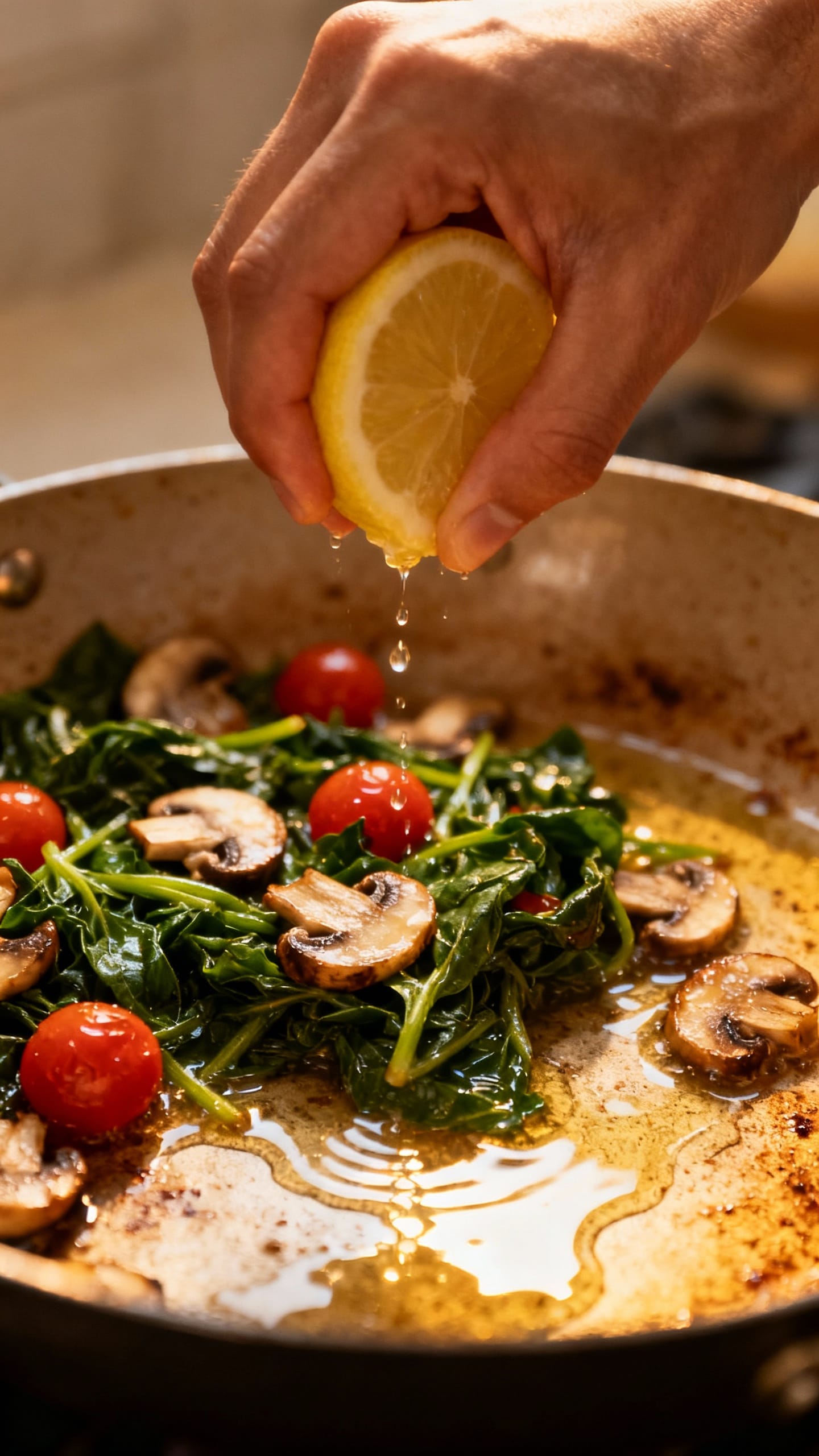 Hand squeezing lemon over spinach, mushrooms, and cherry tomatoes in sizzling skillet, light broth d