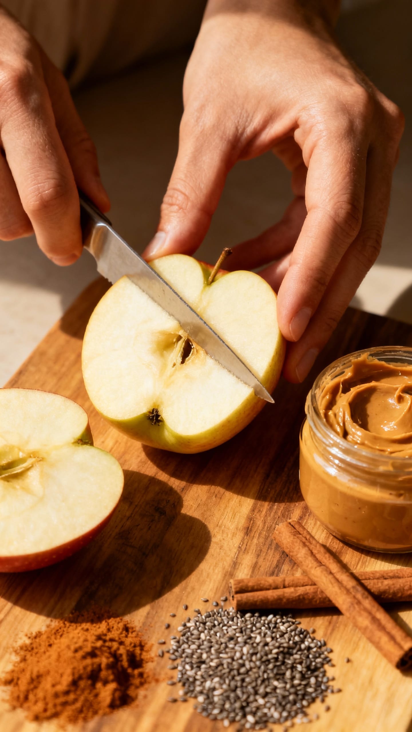 Hands slicing apple beside peanut butter, cinnamon, chia seeds on wooden board