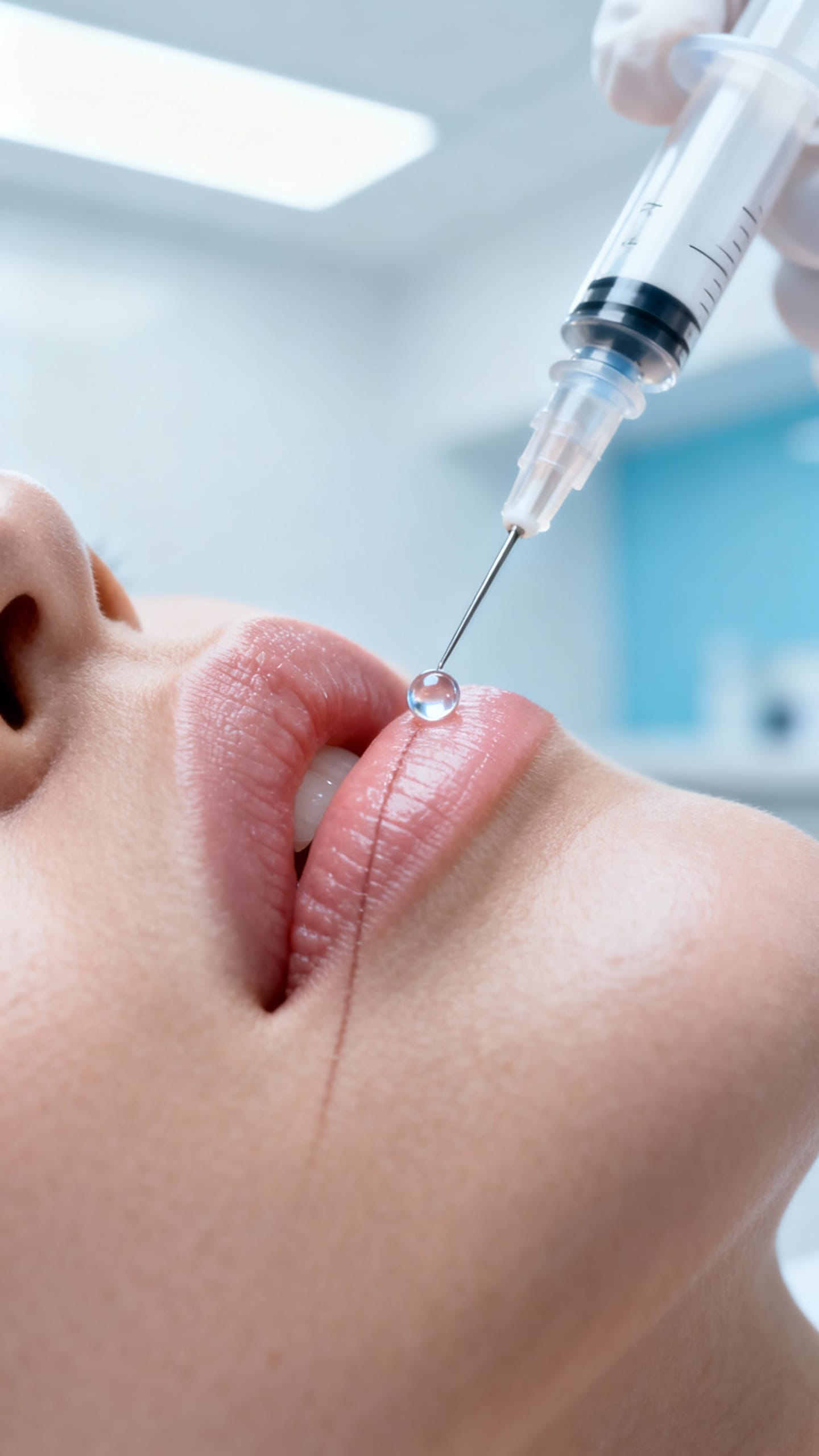 Injector placing micro-droplet filler into vertical lip line, sterile clinic