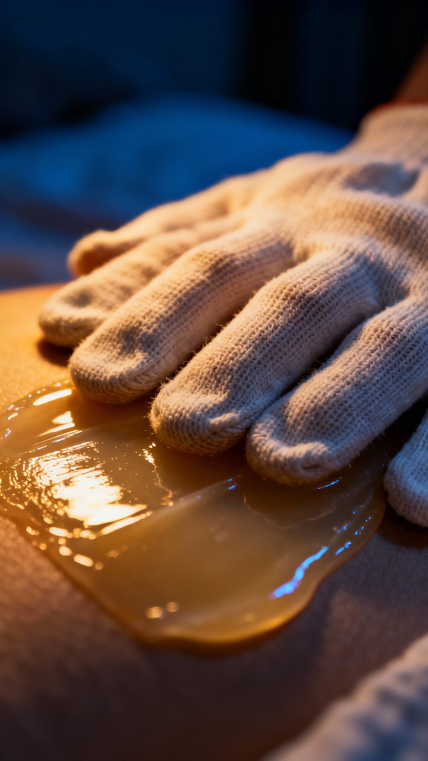 Macro of cotton-gloved hands over glossy petrolatum, nighttime bedside