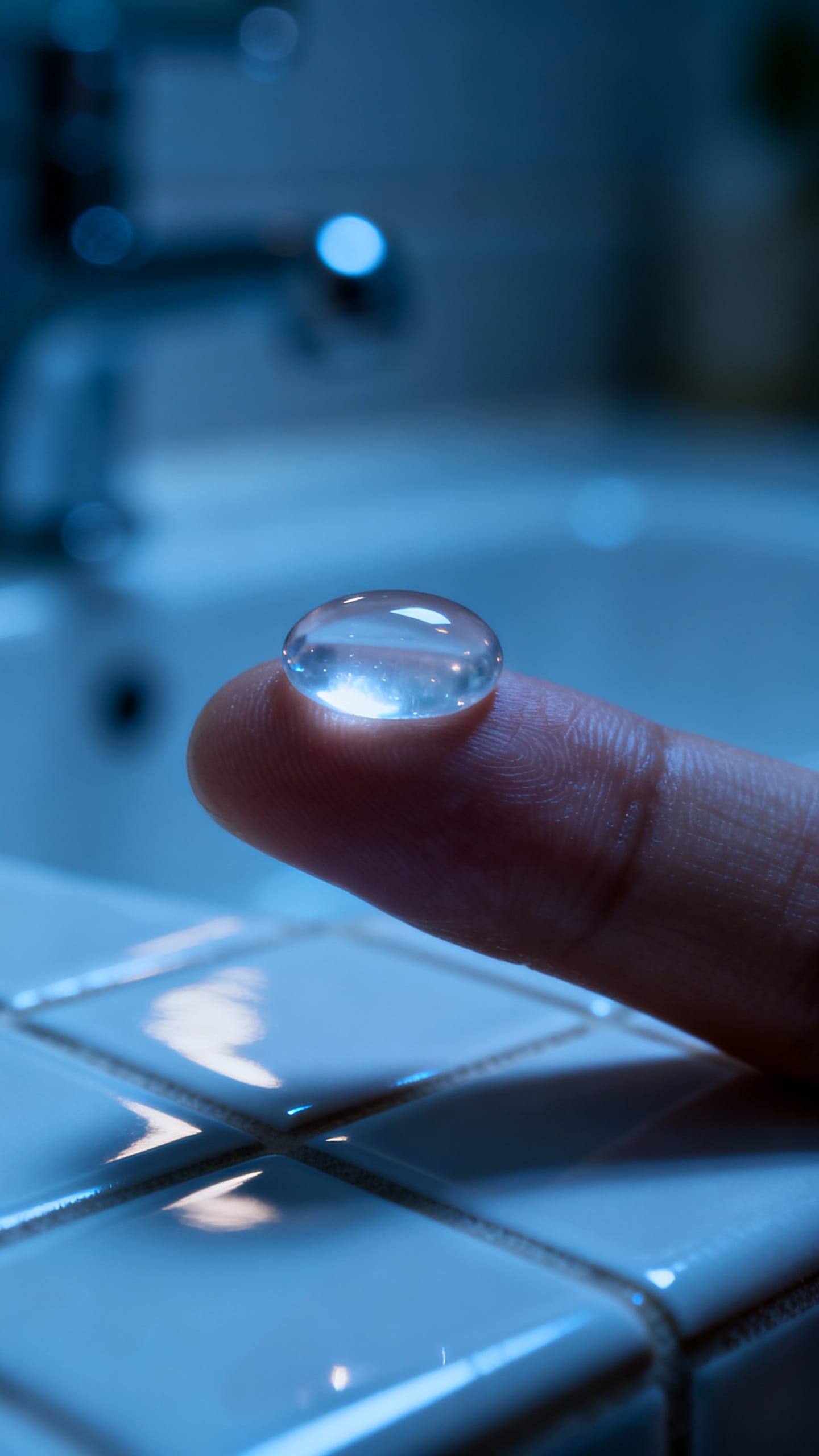 Macro shot clear retinol gel pea-sized on fingertip, nighttime bathroom tiles