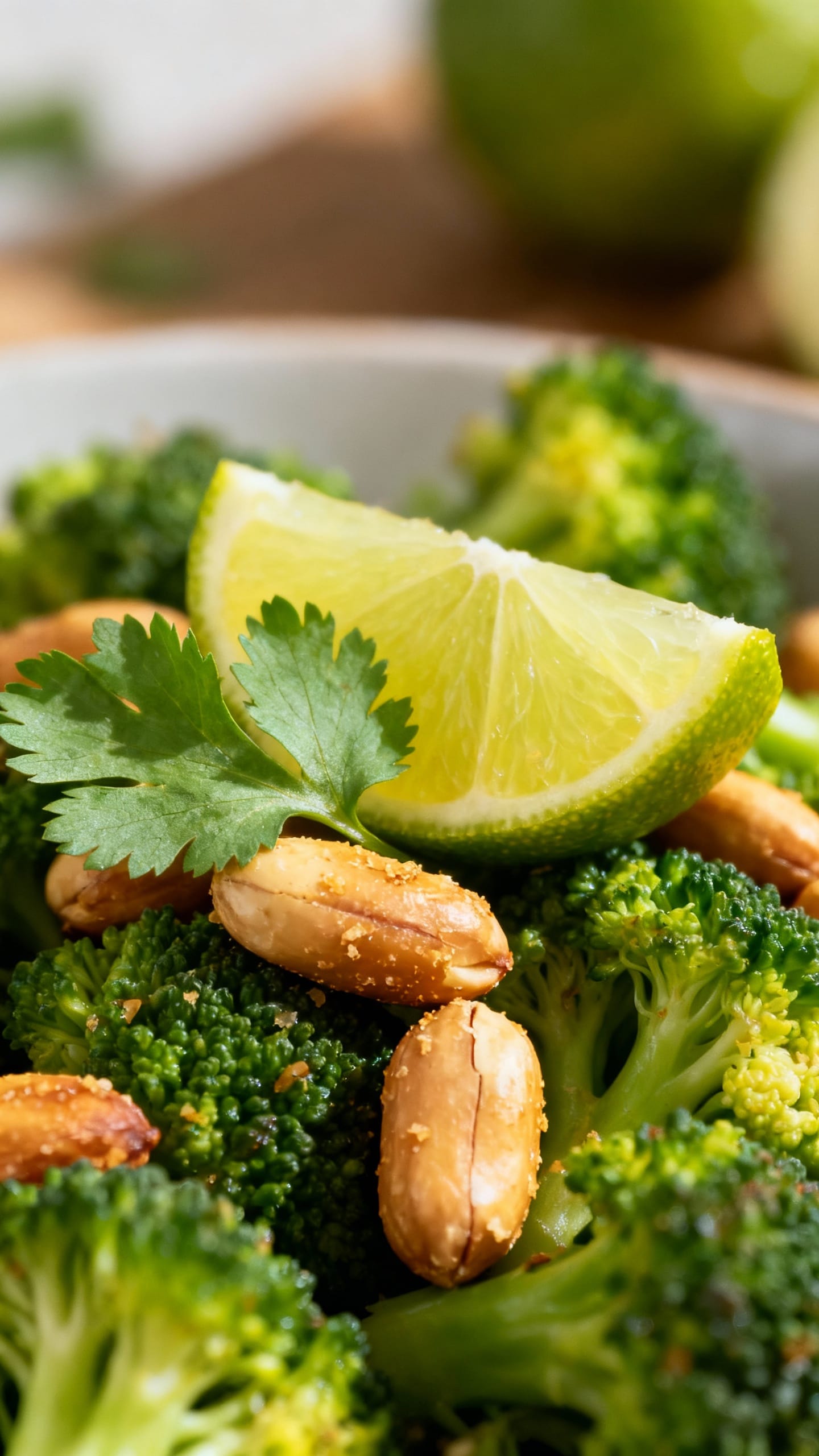Macro shot lime wedge, cilantro, toasted peanuts on broccoli