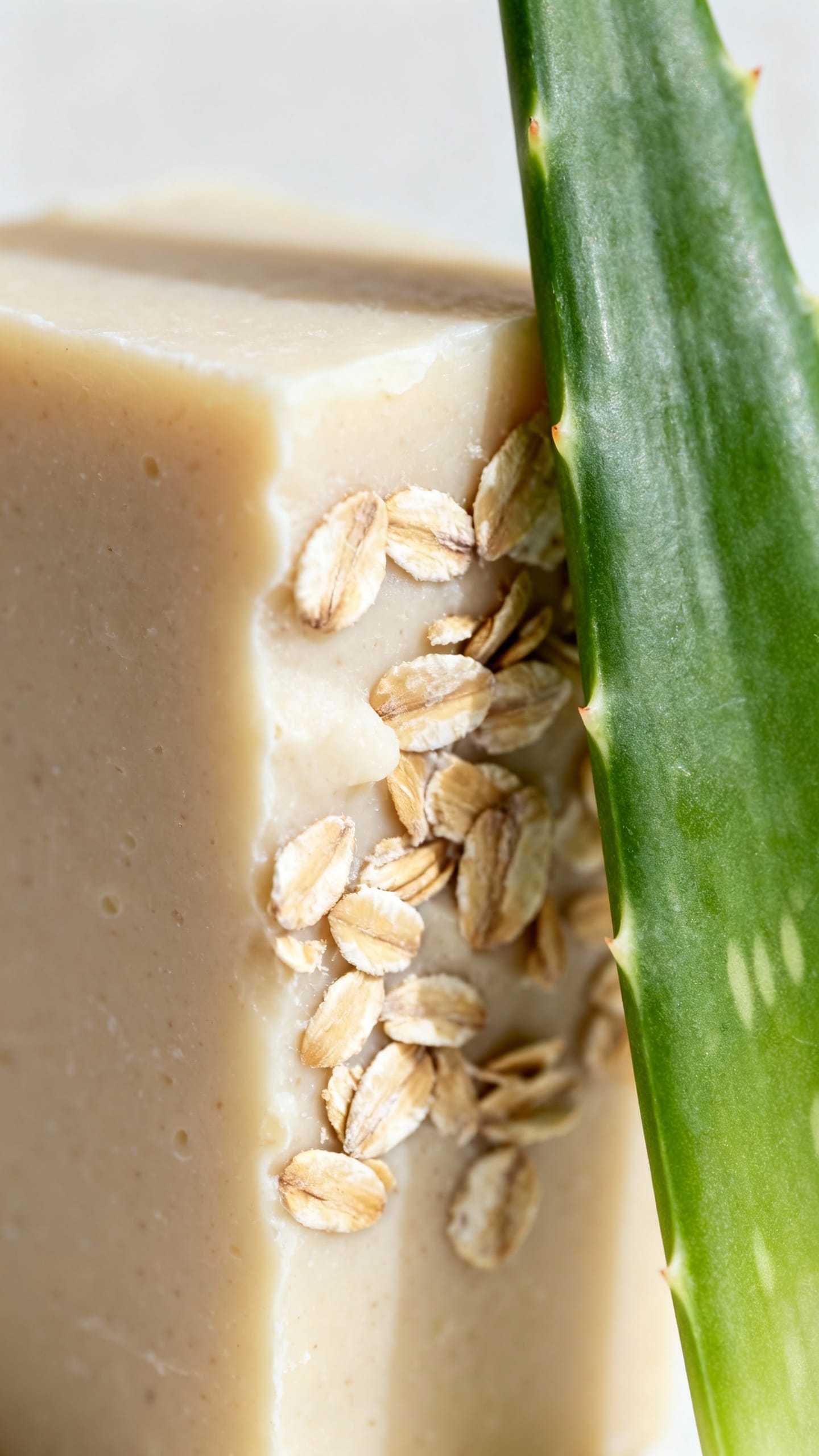 Macro shot of oatmeal-based moisturizing bar beside aloe leaf
