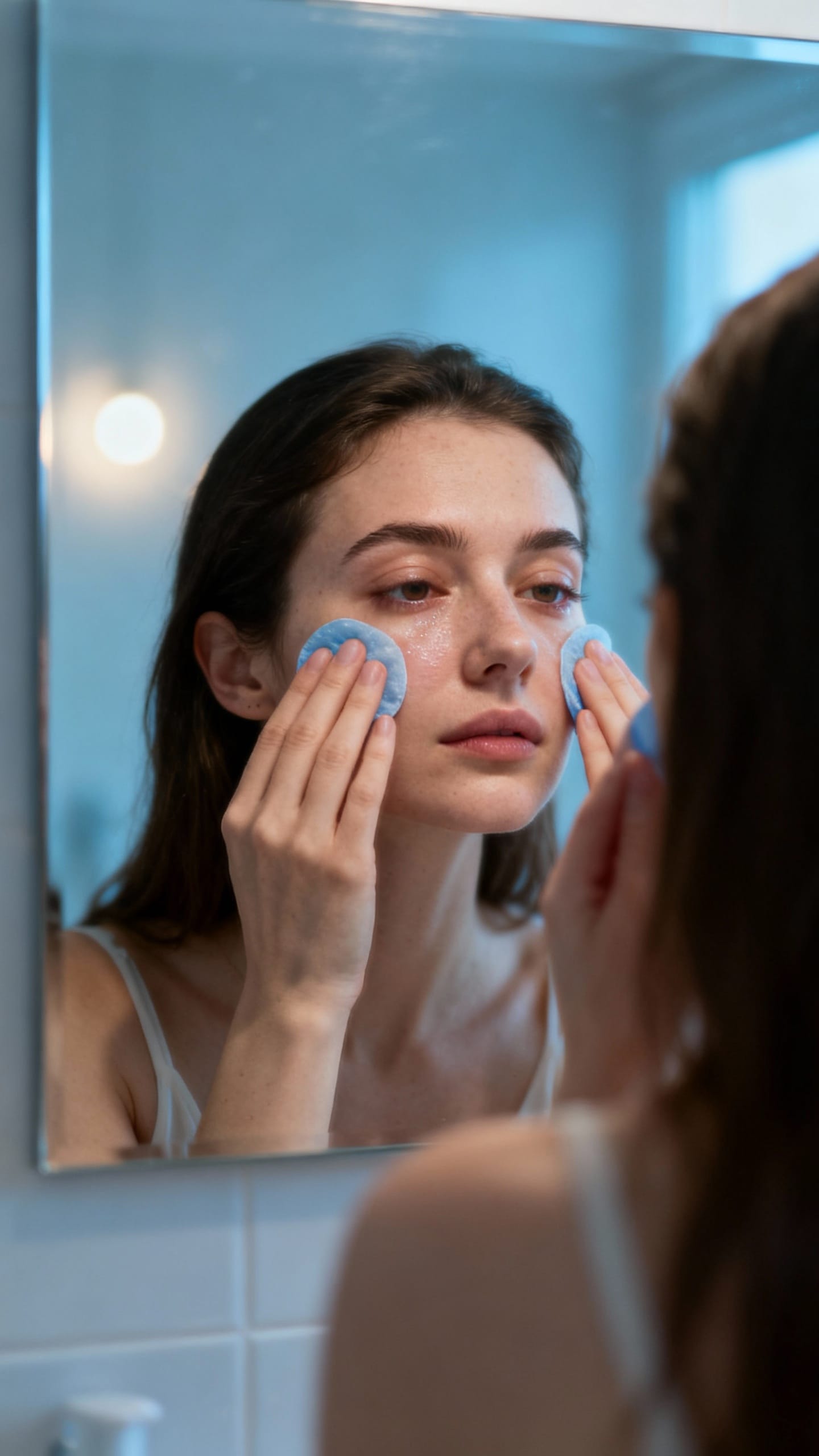 Morning closeup puffy under-eye bags, woman at bathroom mirror, cool compress