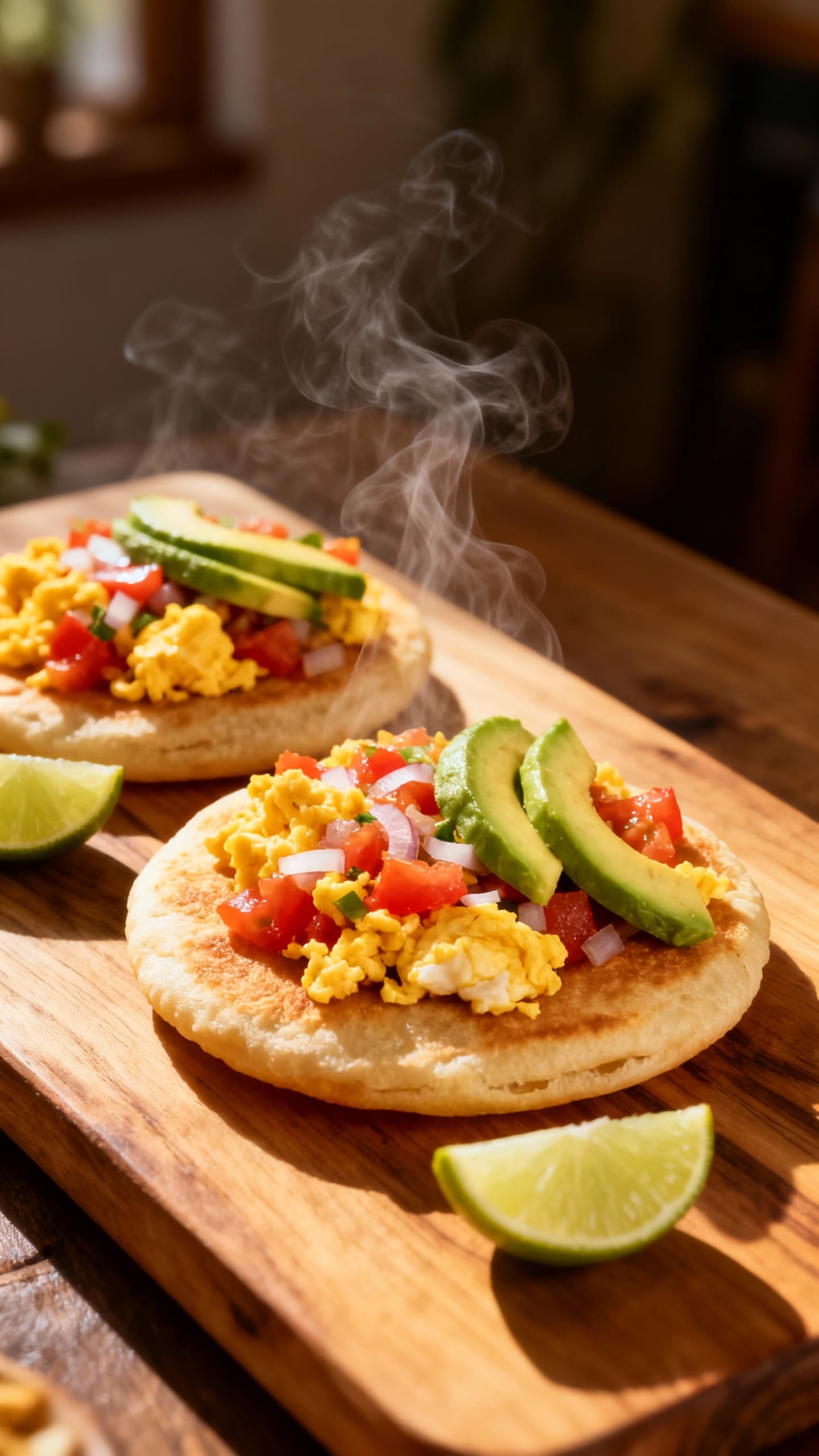 Overhead arepas with huevos pericos, sliced avocado, lime wedges, steam rising