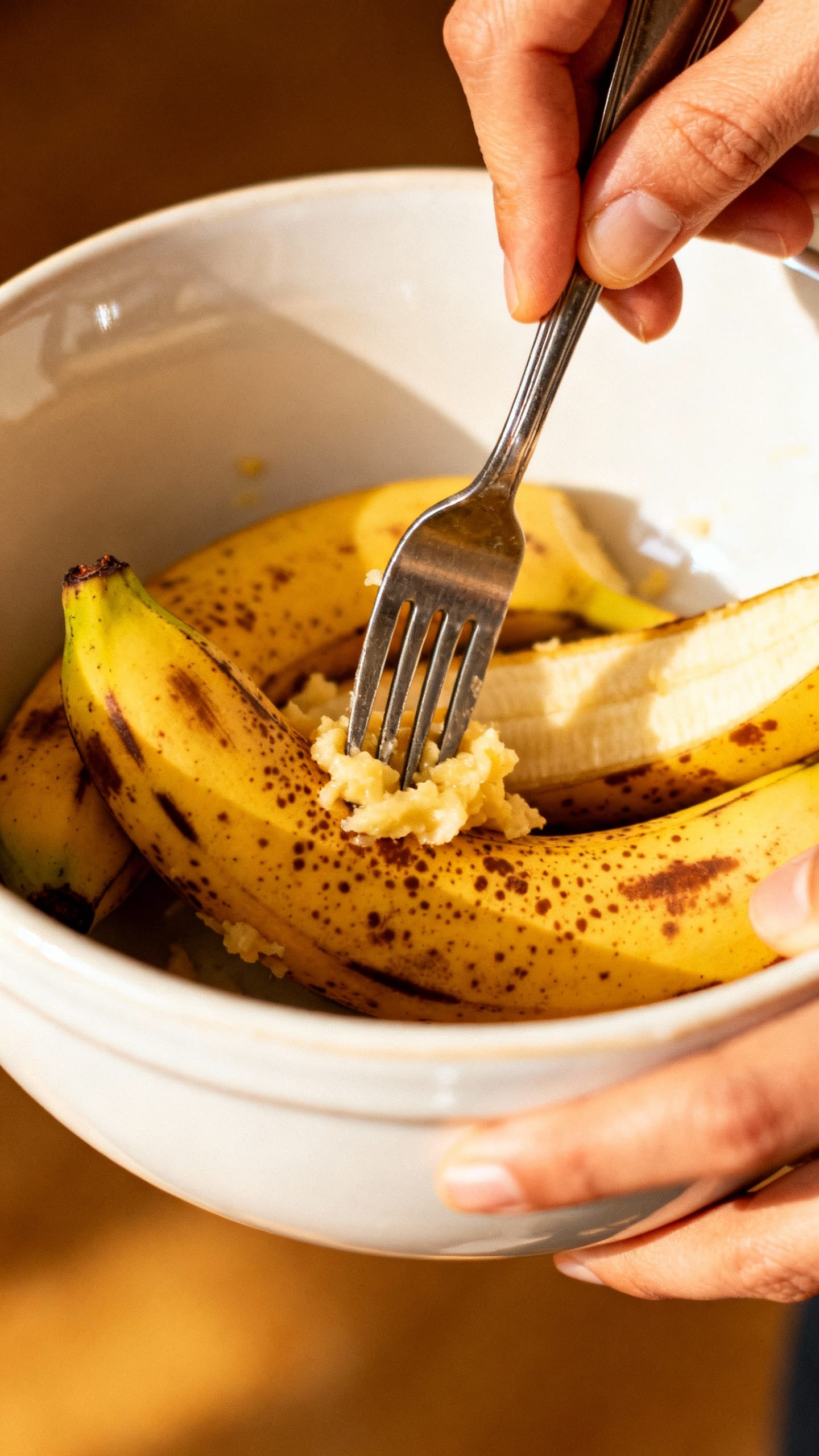 Overhead closeup hands mashing spotty ripe bananas with fork in ceramic bowl
