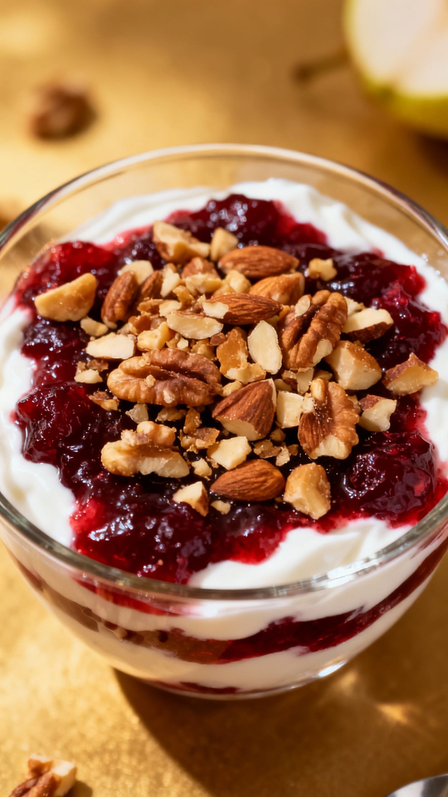 Overhead Greek yogurt parfait layered with cranberry pear sauce, chopped nuts