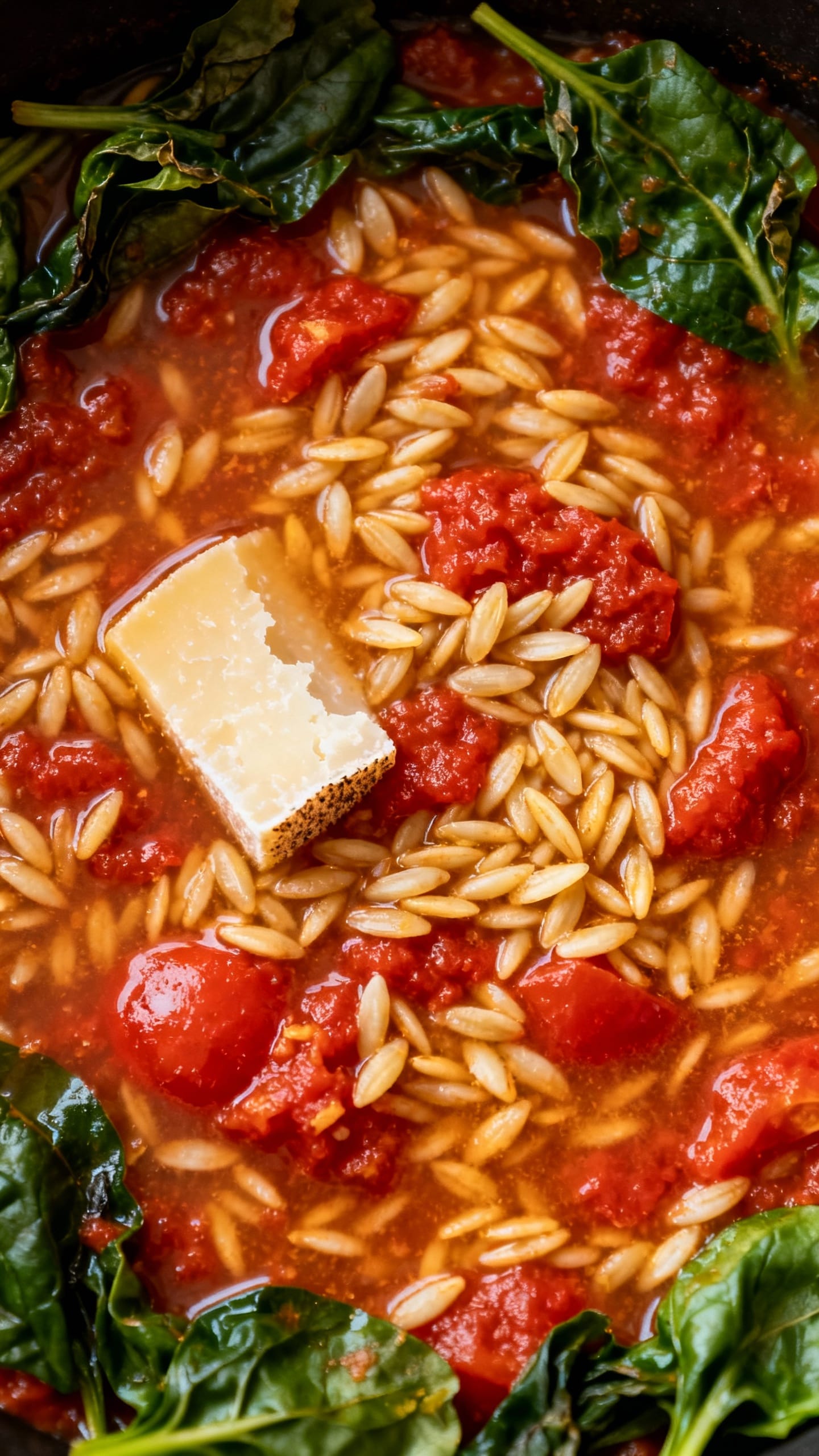 Overhead orzo simmering in crushed tomatoes, spinach wilting, parmesan rind