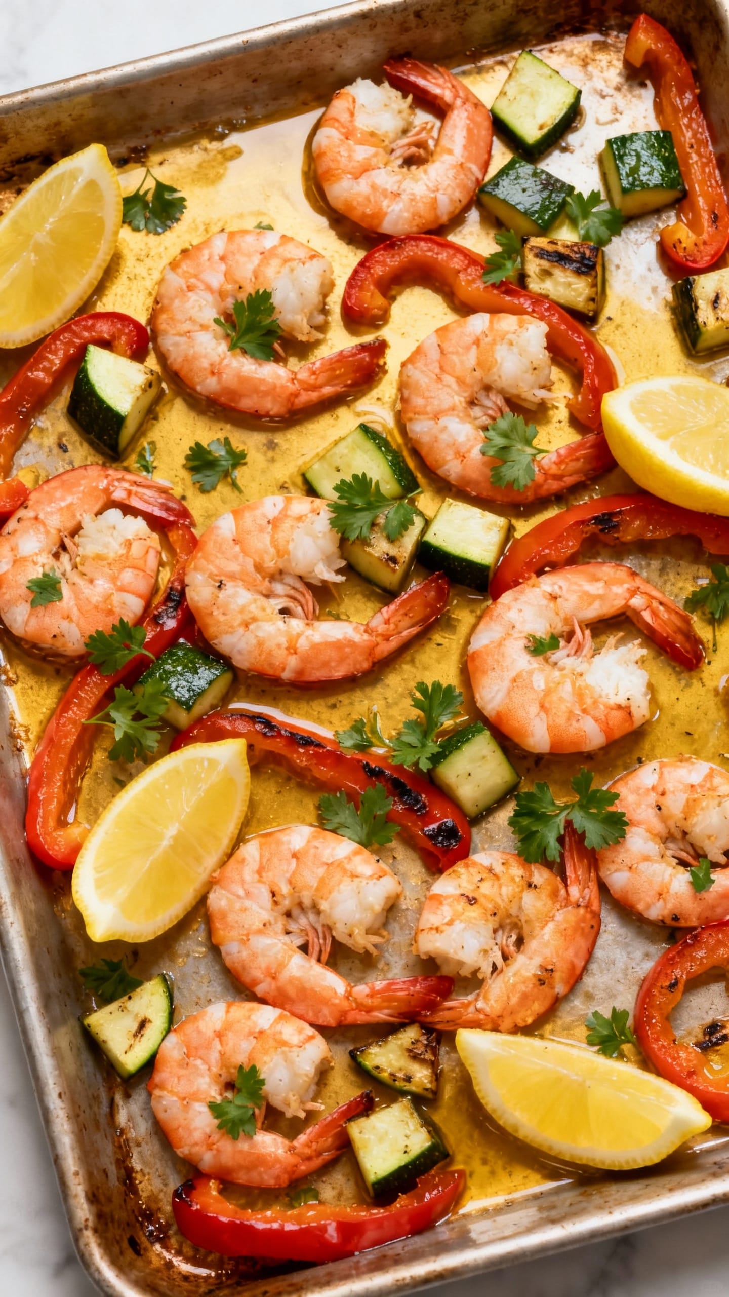 Overhead sheet pan shrimp with bell peppers, zucchini, lemon wedges, parsley