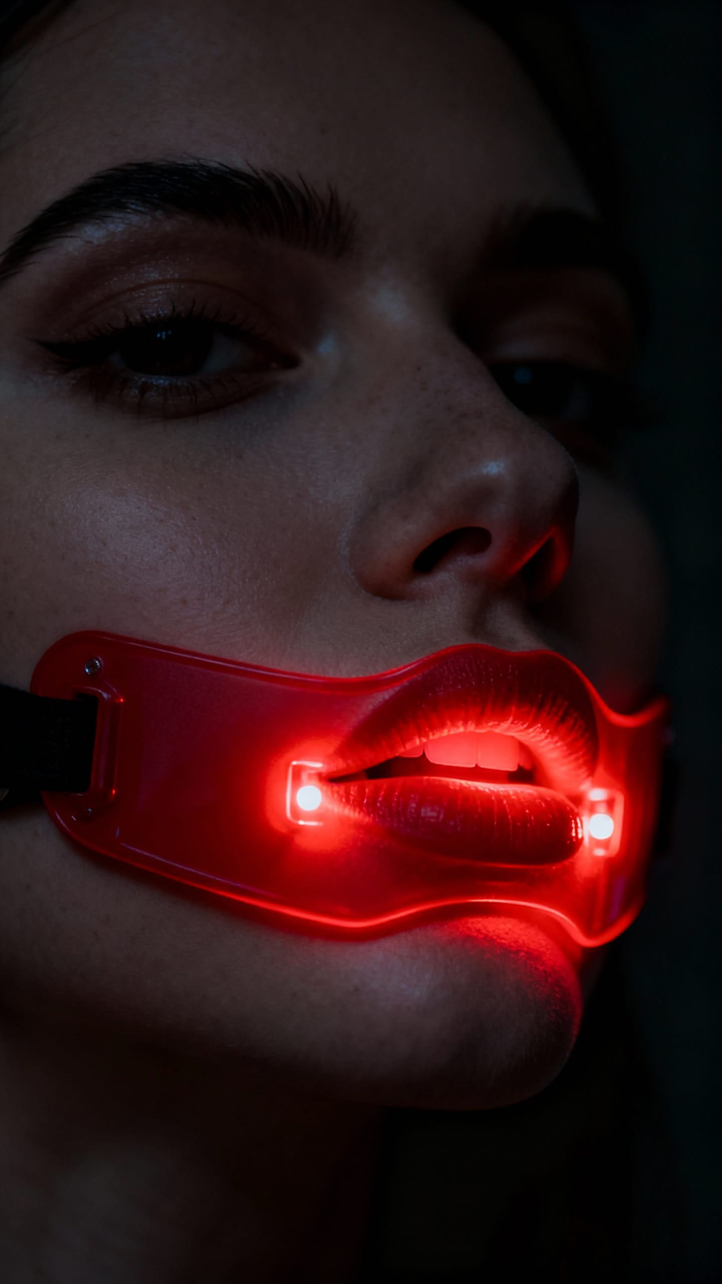 Red LED mask glowing on woman’s mouth area, dark room