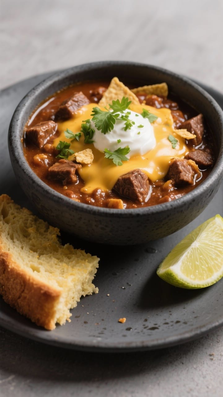 Restaurant-quality plated final dish: hearty bowl of smoky beef chili ladled into a matte charcoal c