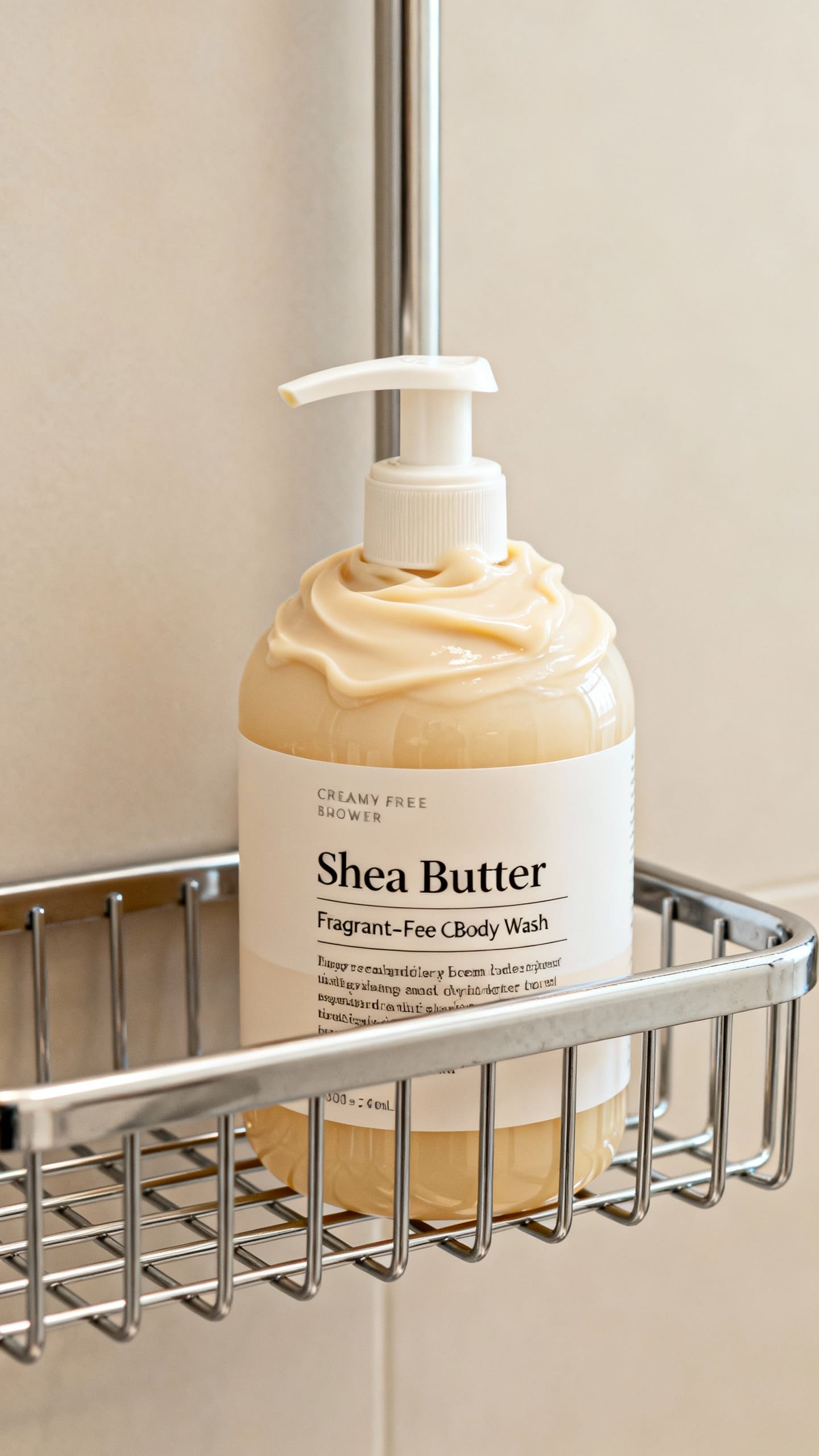 Shower caddy closeup: fragrance-free creamy body wash with shea butter texture