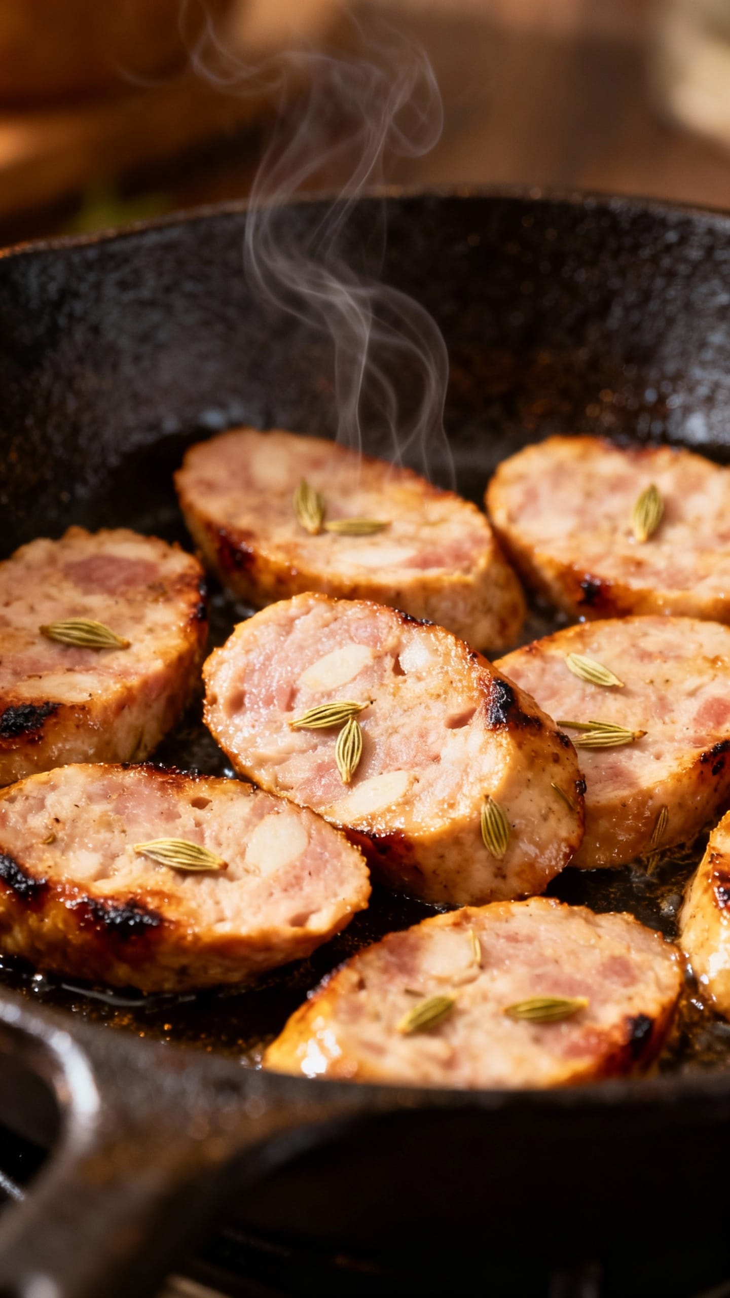 Sliced chicken sausage browning in cast-iron pan, visible fennel seeds, slight char, rising steam