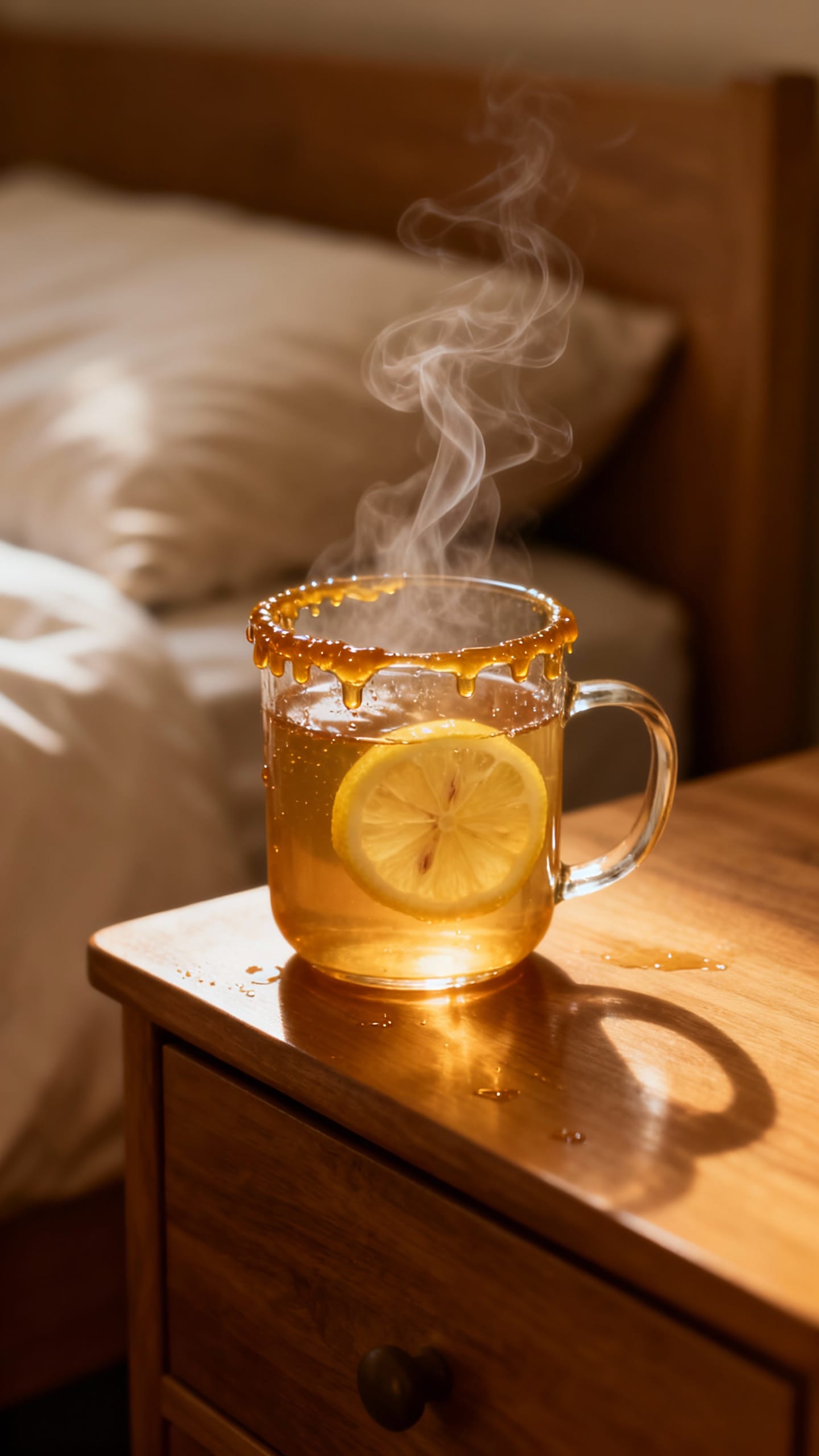Steaming mug of honey lemon tea on nightstand