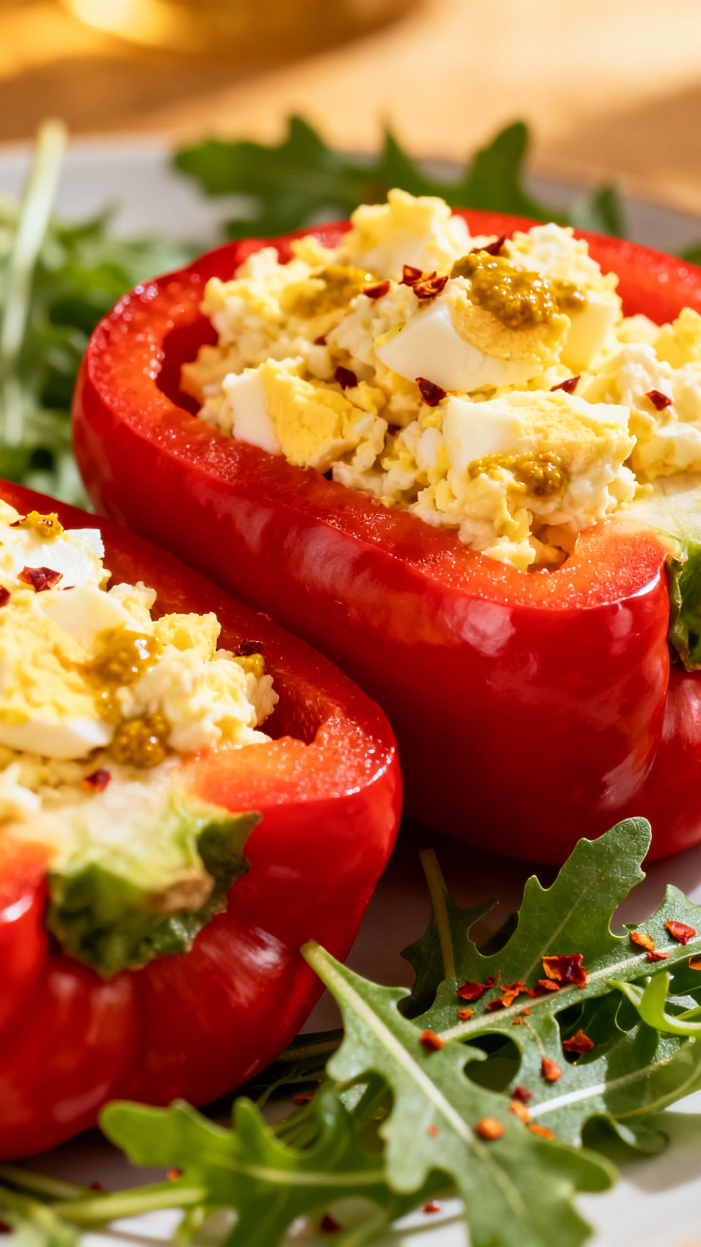Stuffed red bell peppers with chunky egg salad, arugula, chili flakes