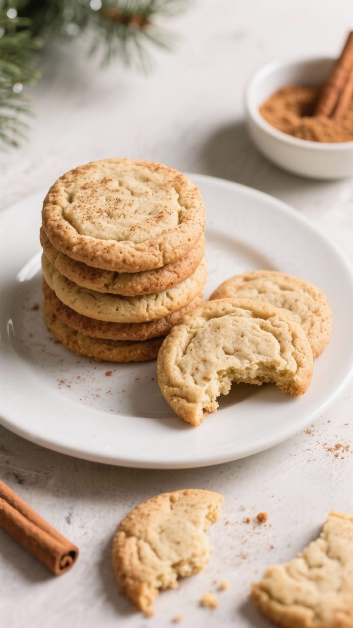 Tasty top view, final dish: Overhead shot of a cozy platter of finished snickerdoodles stacked and f