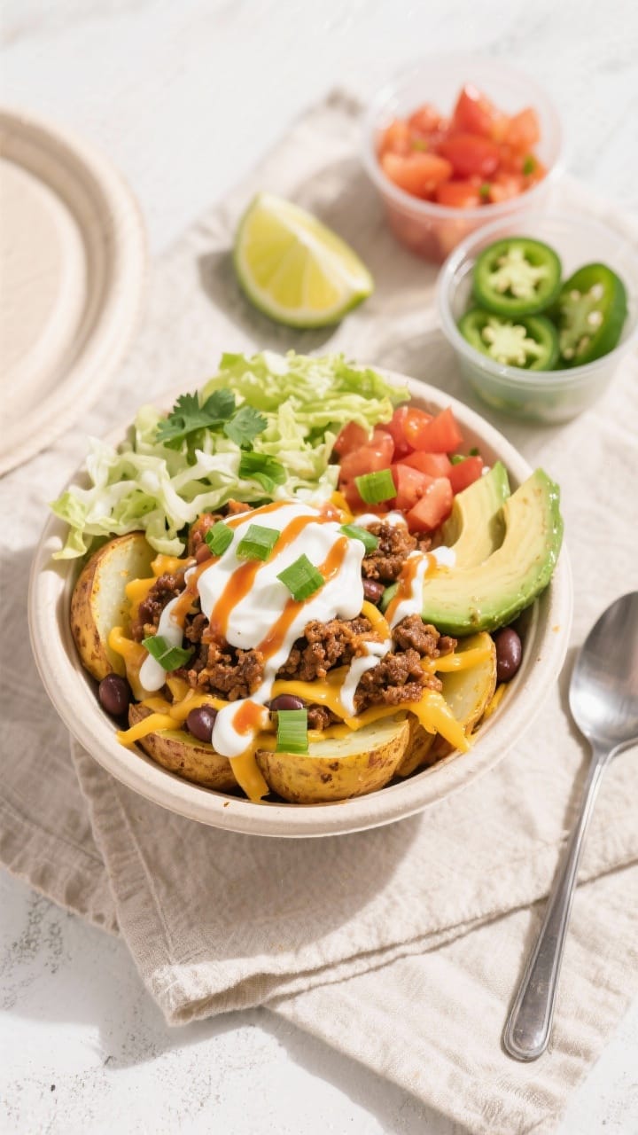 Tasty top view final dish: Overhead shot of a Loaded Potato Taco Bowl meal-prep container—layer of