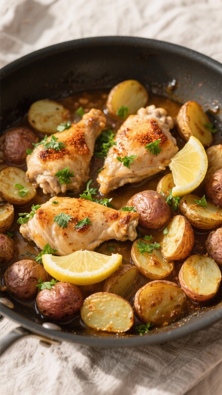 Tasty top view – One-pan finish: Overhead shot of the finished garlic butter chicken and potatoes 