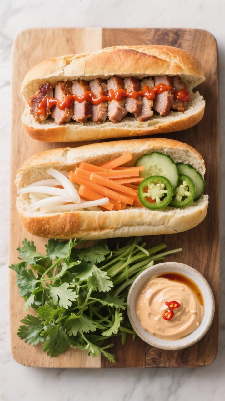 Tasty top view: Overhead shot of a banh mi assembly board—open-faced toasted baguette halves sprea