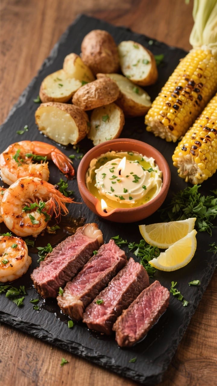Tasty top view: Overhead shot of a party-style spread featuring a small bowl of Cowboy Butter kept w