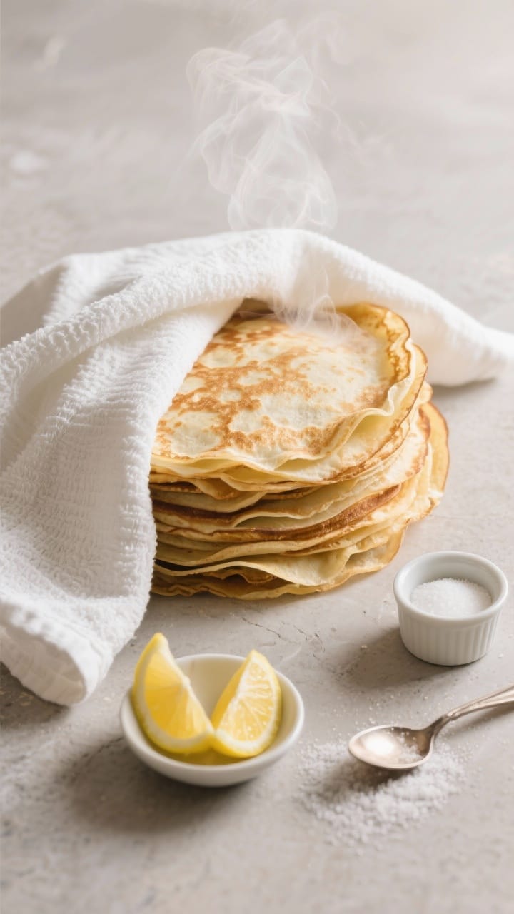 Tasty top view: Overhead shot of a stack of finished crepes covered loosely with a clean white towel