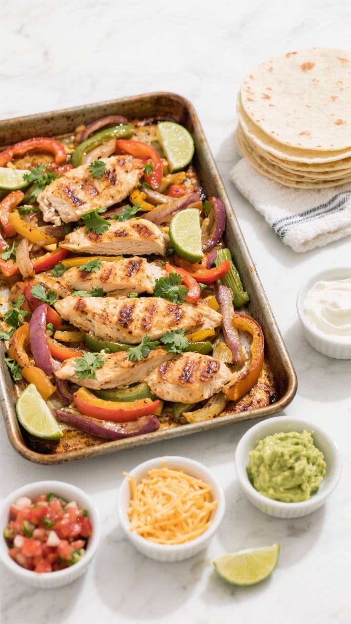 Tasty top view: Overhead shot of sheet-pan chicken fajitas just out of the oven, chicken and veggies