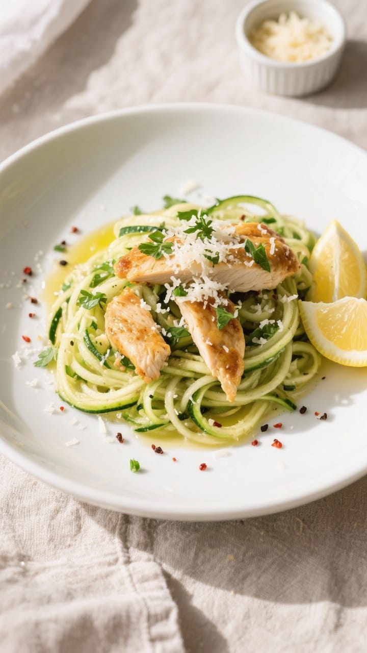 Tasty top view: Overhead shot of the final plated Keto Chicken & Zoodles on a wide white shallow bow