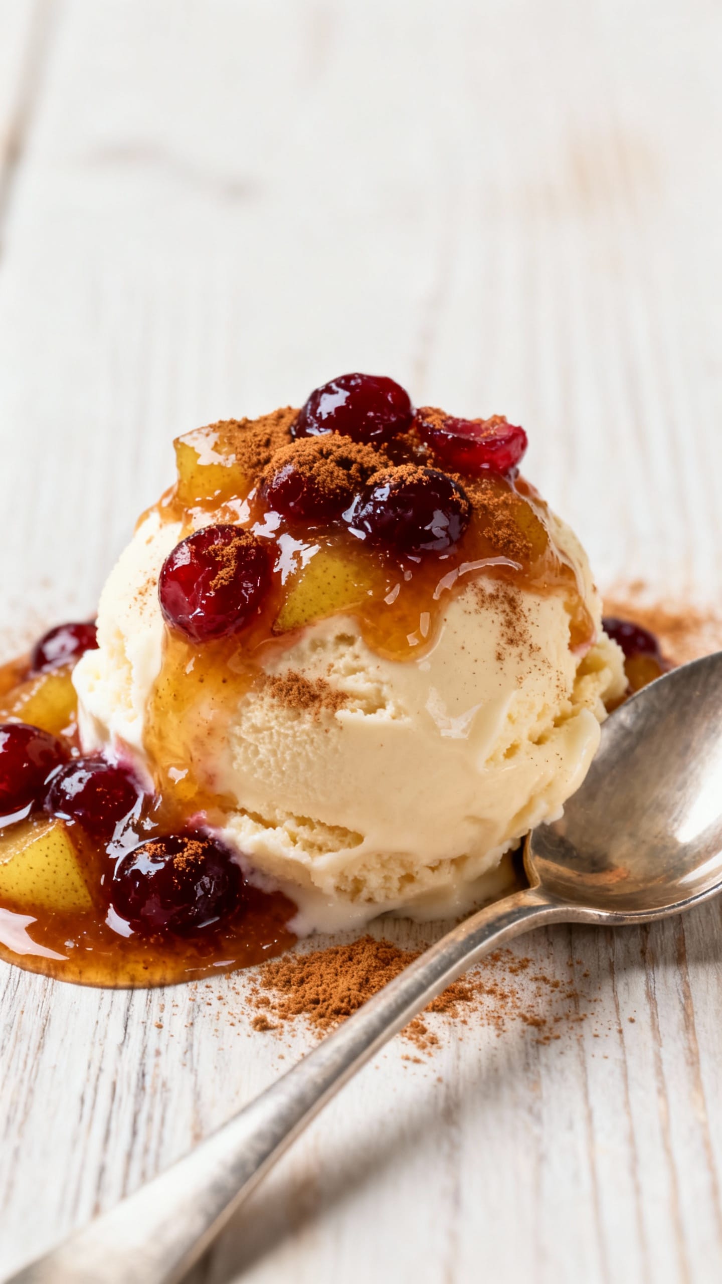 Warm cranberry pear sauce atop vanilla ice cream, cinnamon dust, spoon nearby