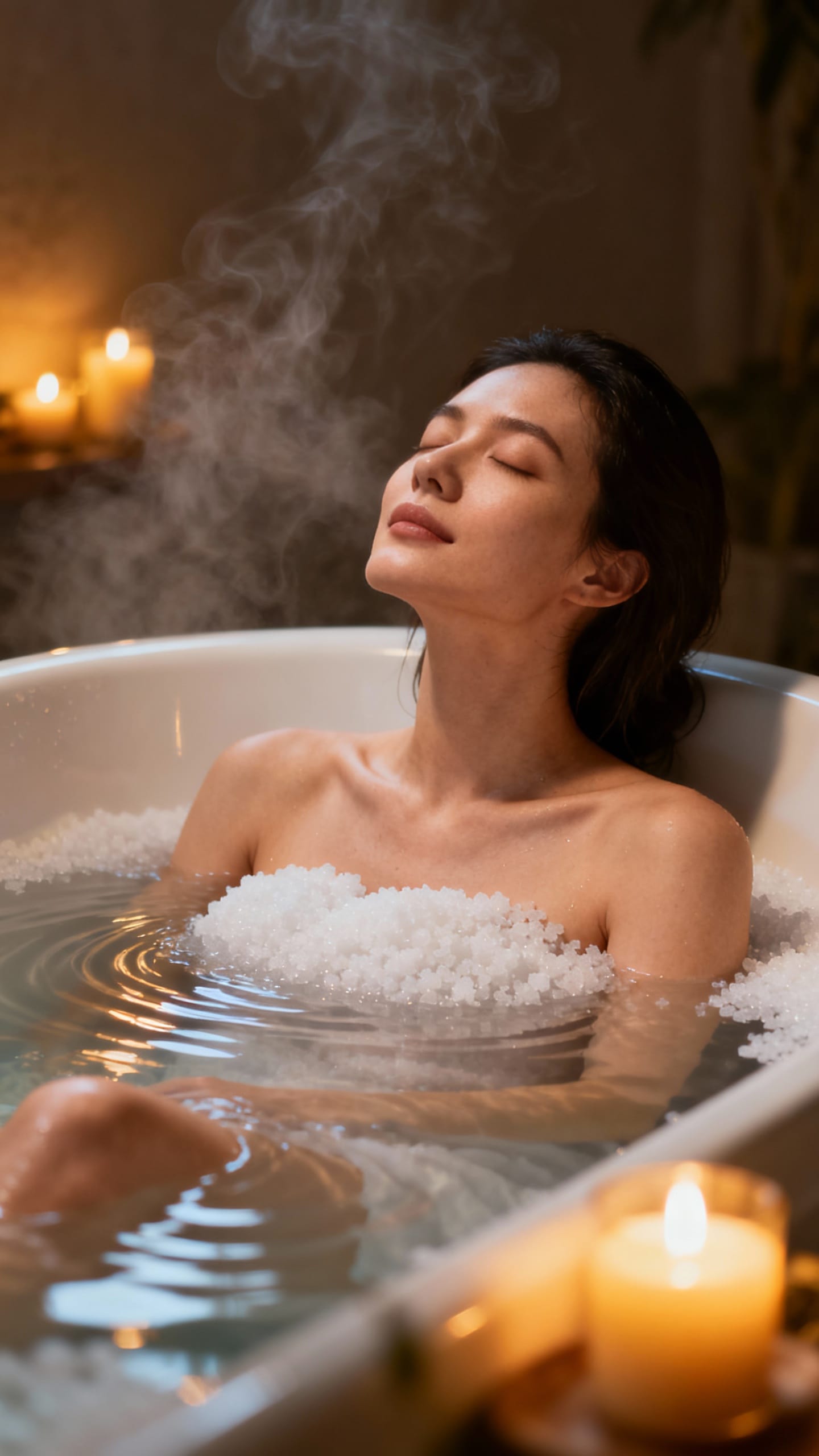 Woman in bath with Epsom salts, candlelight, steam