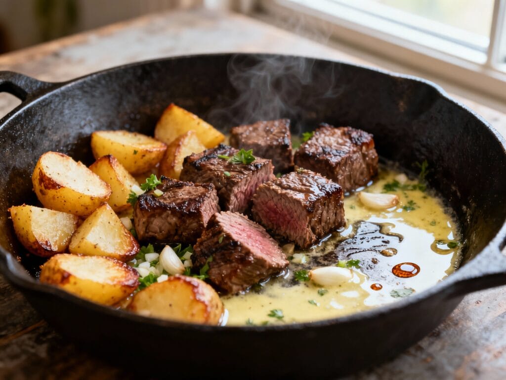 Garlic Butter Steak Bites and Potatoes with Crispy Skillet Finish