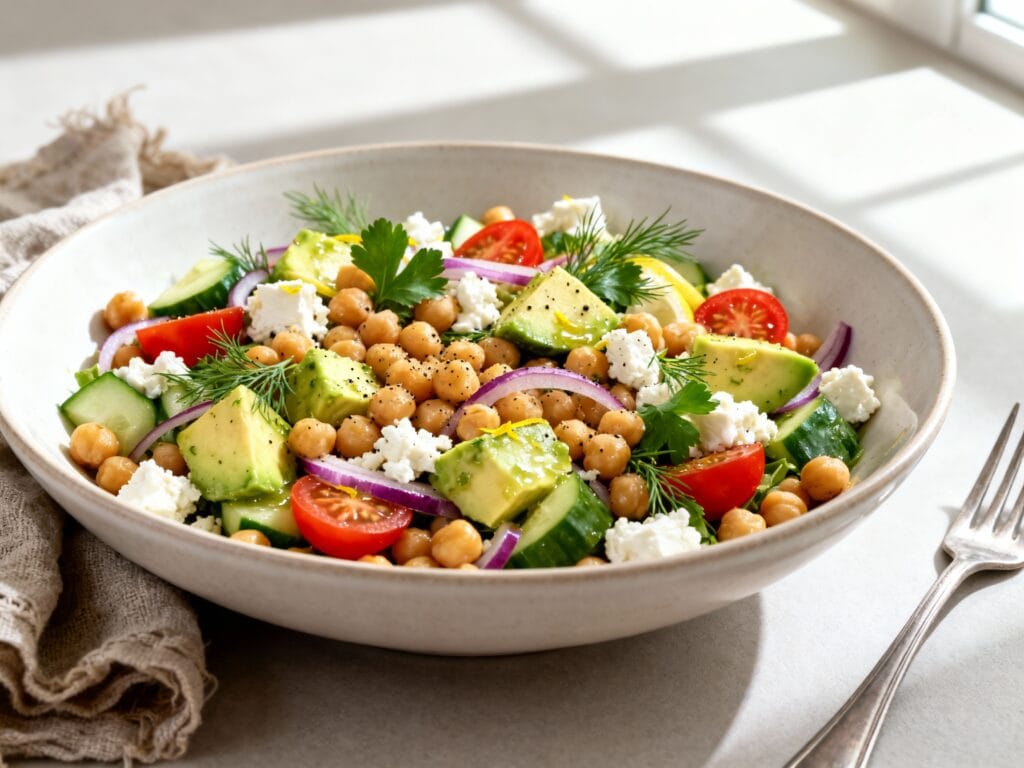 Chickpea Feta Avocado Salad with Lemon Herb Dressing