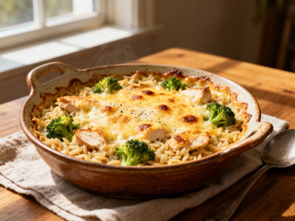 Cheesy Chicken Broccoli Orzo Baked for Extra Comfort