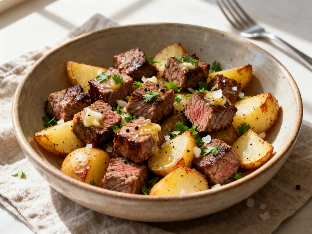 Air Fryer Garlic Butter Steak Bites and Potatoes (Quick & Easy Recipe)